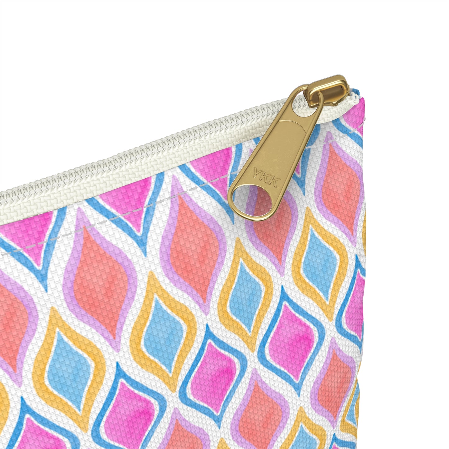 Painted Geo Flat Travel Pouch Zoomed Zipper View in Multi Colored Warm Tones