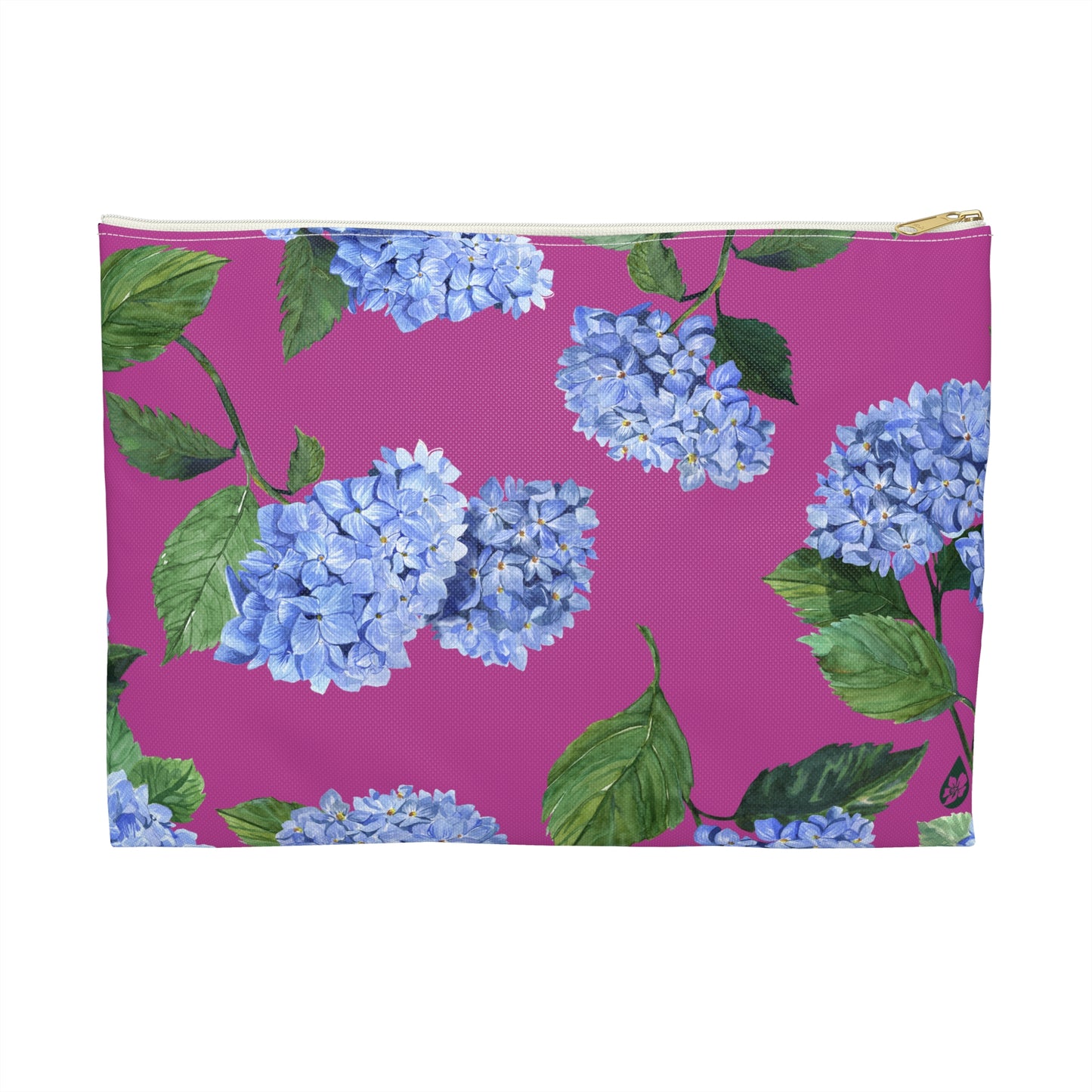 Front view of size small Hydrangea Travel or makeup pouch in Peony Pink