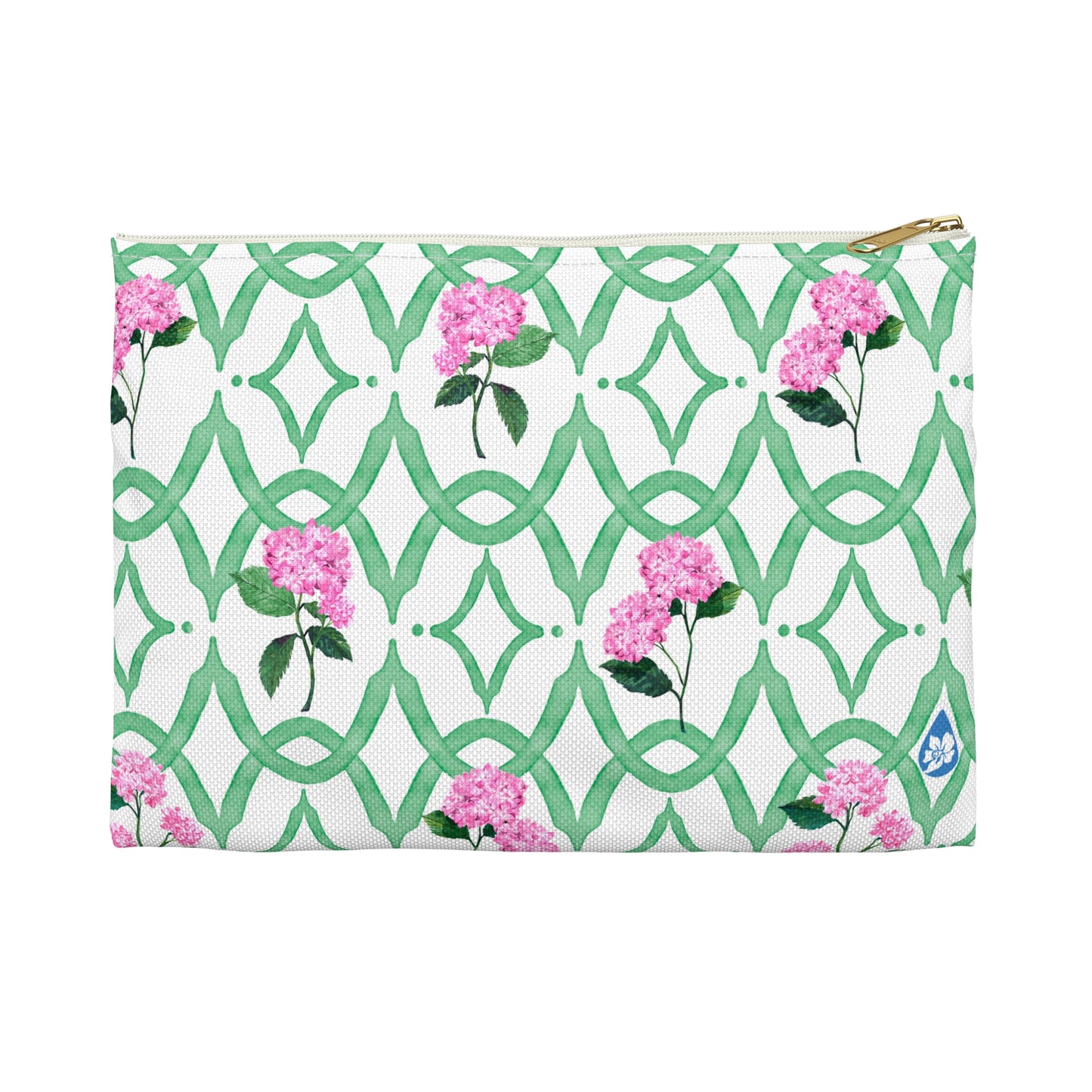 Small Botanical Trellis patterned pouch in Tennis Grass Green with Pink Hydrangeas