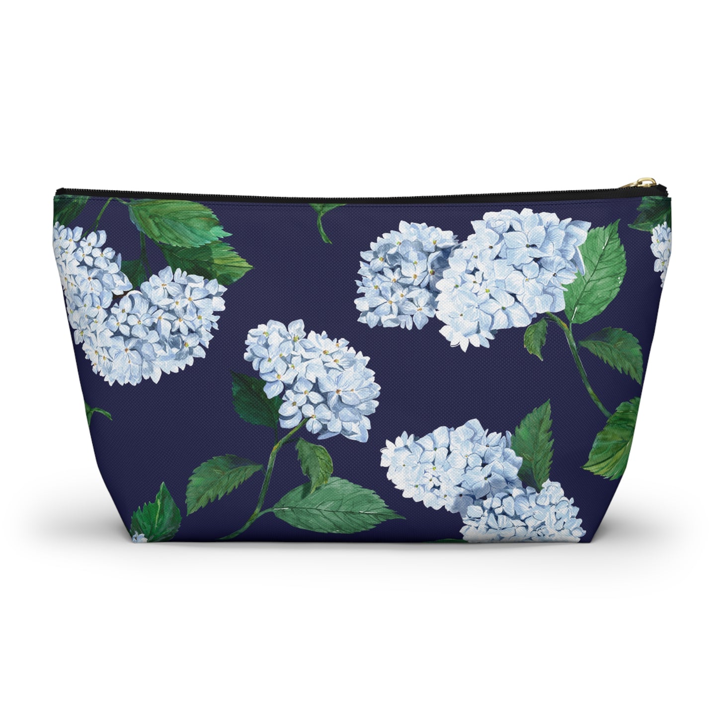 Front view of Hydrangea T-Bottom Travel Pouch in Twilight Navy with black zipper size large