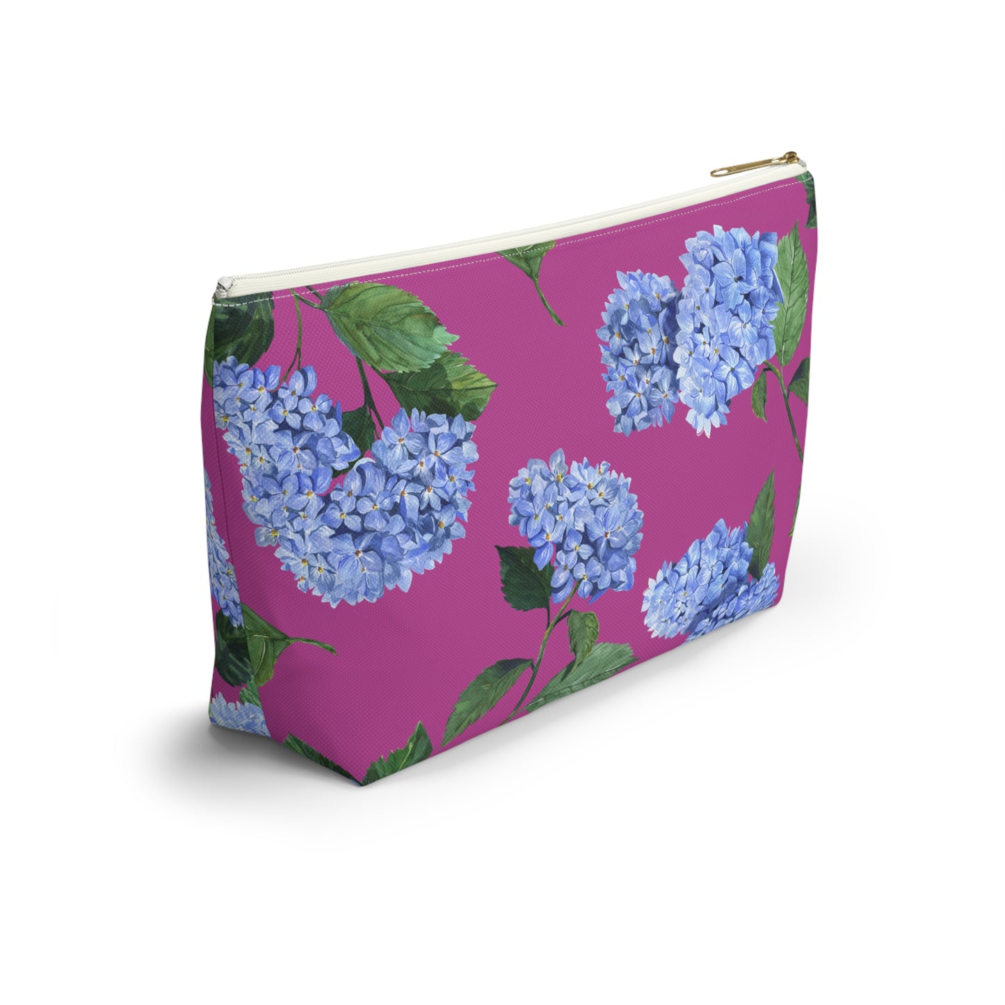 Side profile view of Hydrangea t bottom pouch in Peony Pink with White zipper