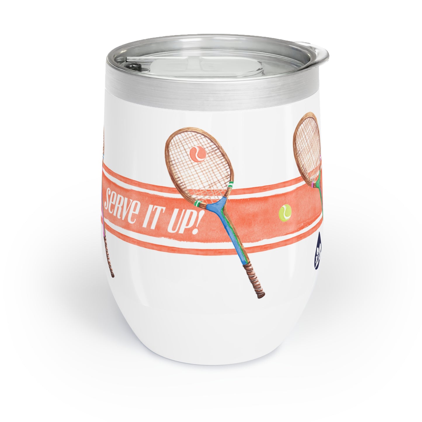 Stainless Steel Wine Tumbler and Illustrated with orange stripe and tennis racquets with the phrase "Serve It Up"
