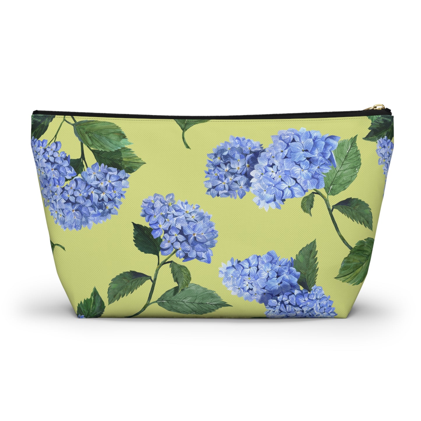 Front view of Hydrangea T-Bottom Travel Pouch in Honeydew with black zipper size large
