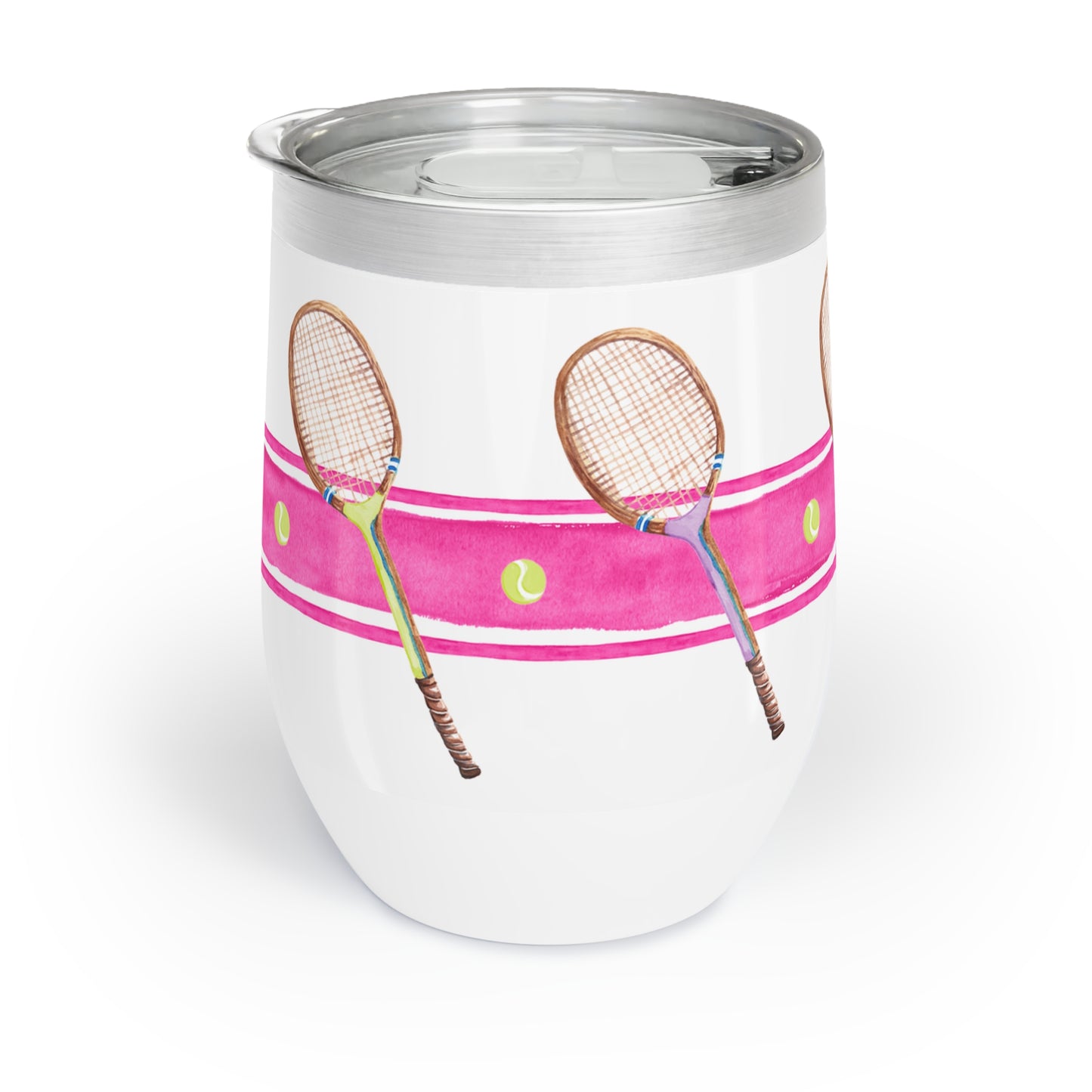 Stainless Steel Wine Tumbler and Illustrated with Pink stripe and tennis racquets with the phrase "Serve It Up"