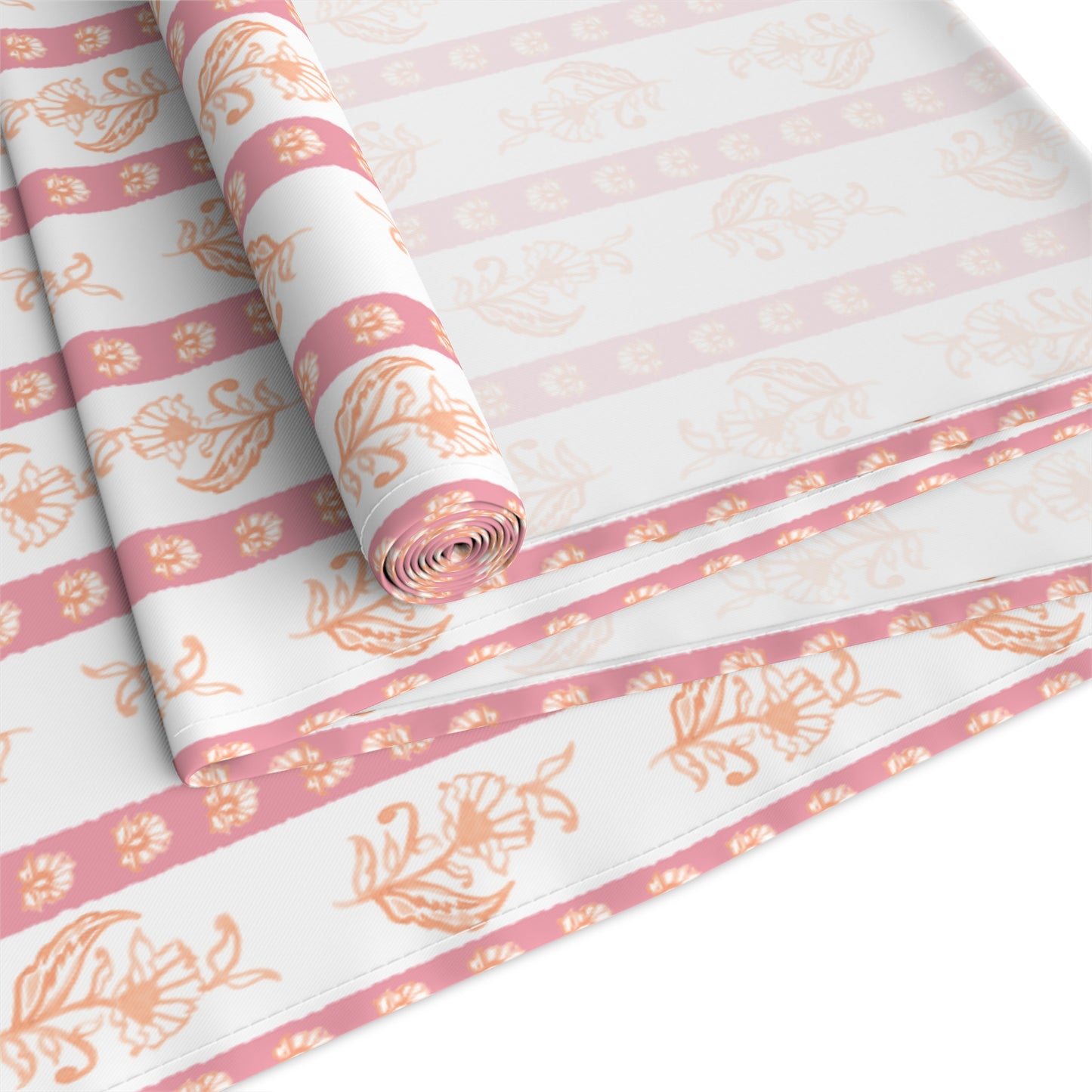 Watercolor Woodblock Striped Patterned Table Runner Rolled in Peony and Sherbert