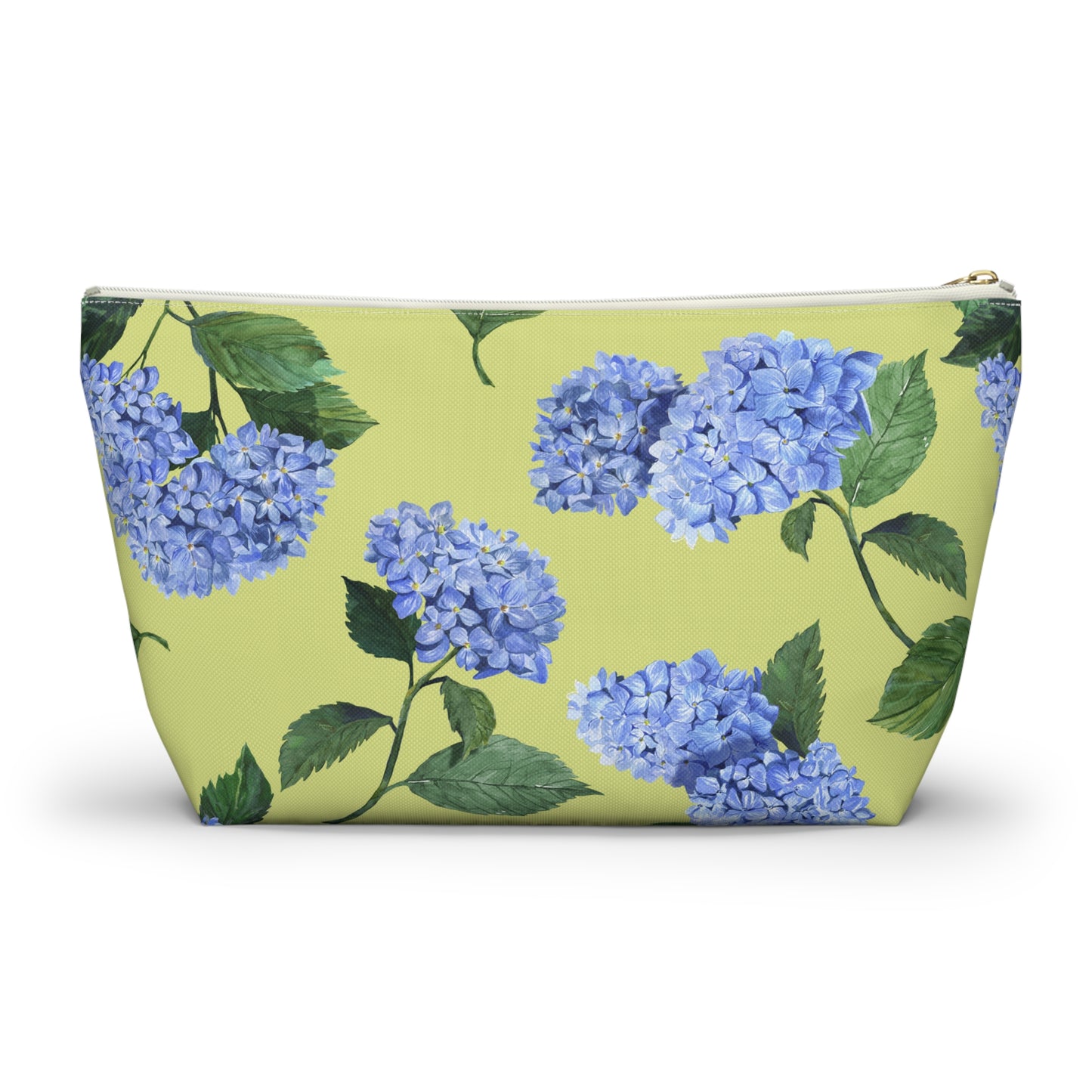 Front view of Hydrangea T-Bottom Travel Pouch in Honeydew with white zipper size large