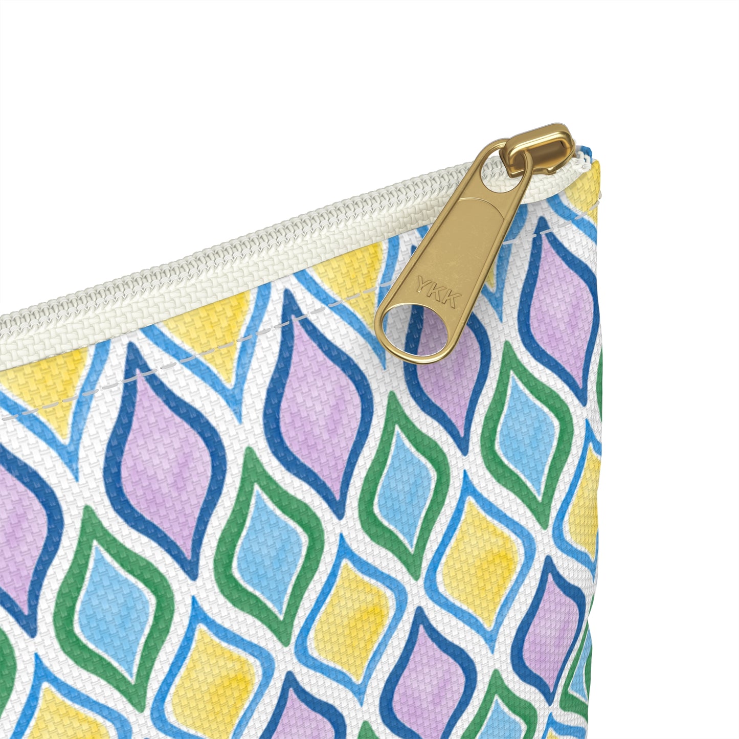 Painted Geo Flat Travel Pouch Zoomed Zipper View in Multi Colored Cool Tones