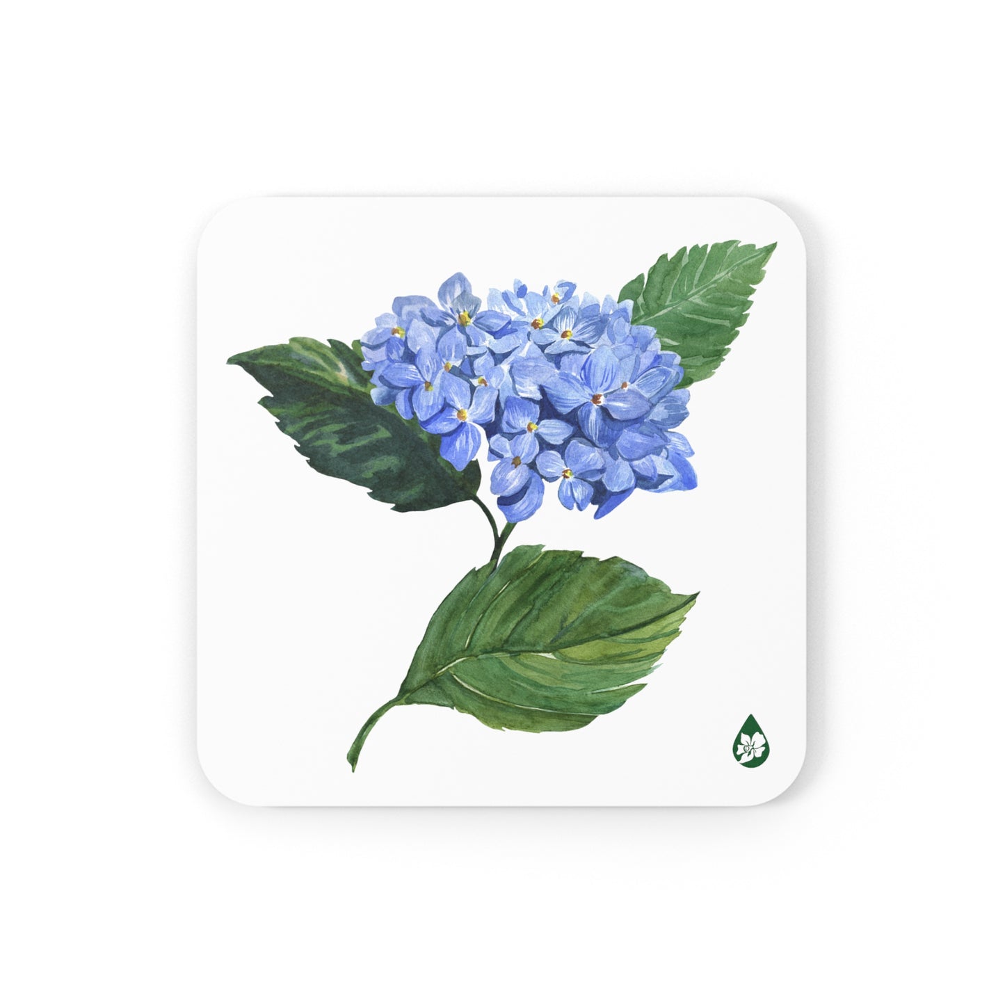 Pigment and Petal Studios hand illustrated Hydrangea Flower in blues with green leaves