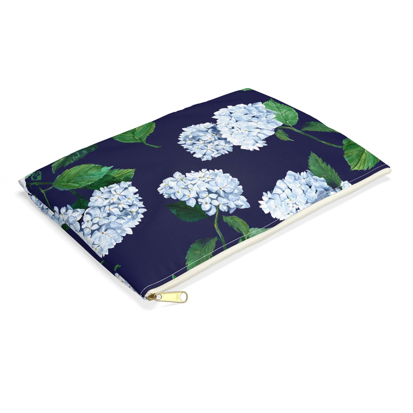 Top View of size Large Hydrangea Travel or makeup pouch in Twilight Navy