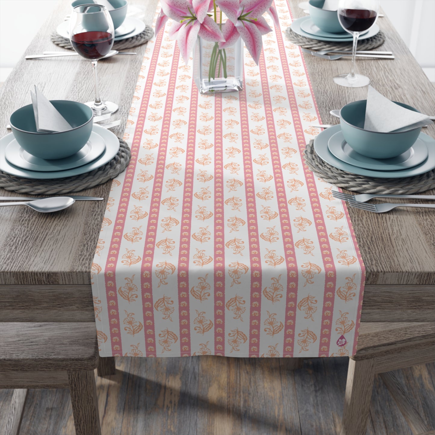 Watercolor Woodblock Striped Patterned Table Runner on set dining table 16x72 in Peony and Sherbert