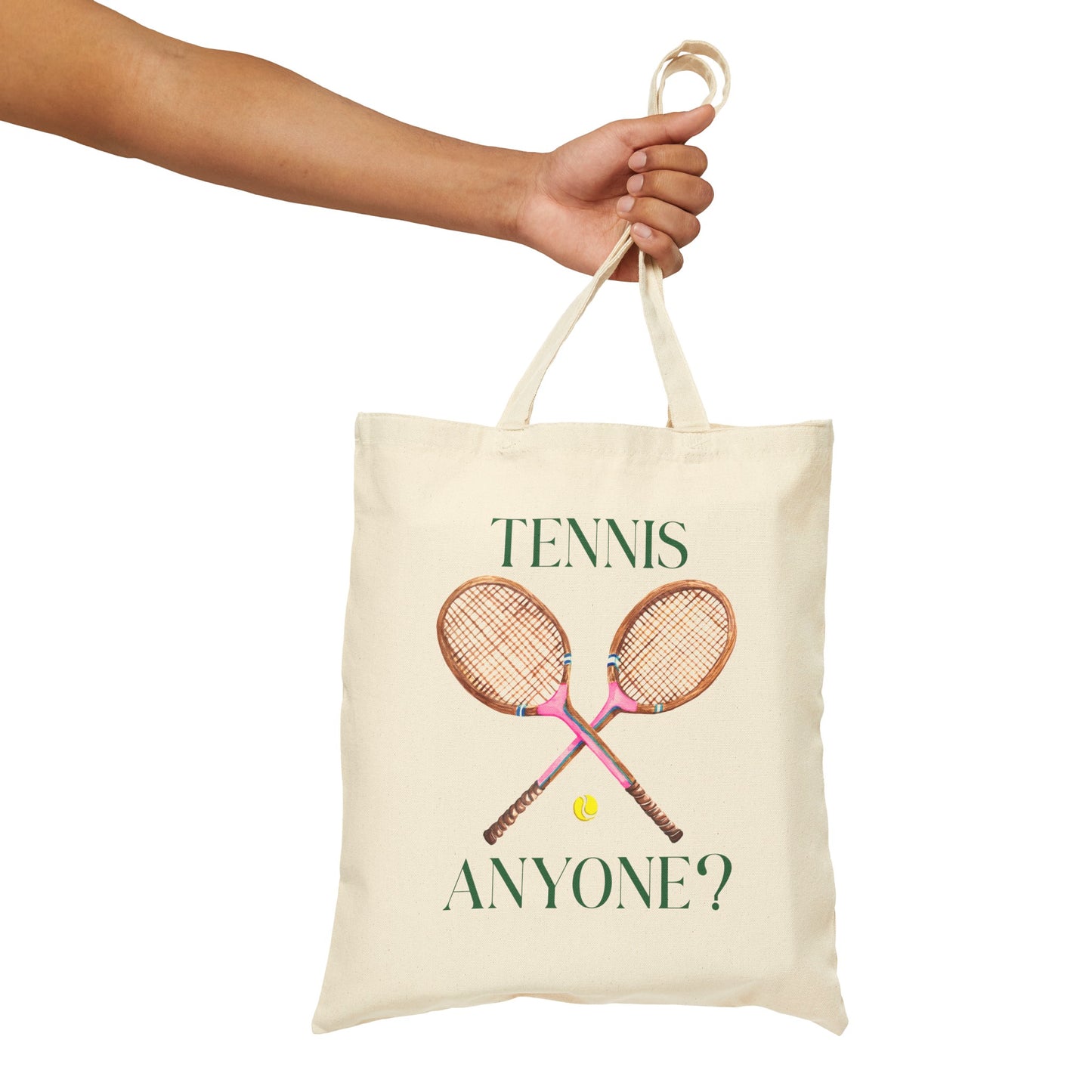 Hand holding straps to Natural Tennis Anyone Tote Bag with Pink Racquets