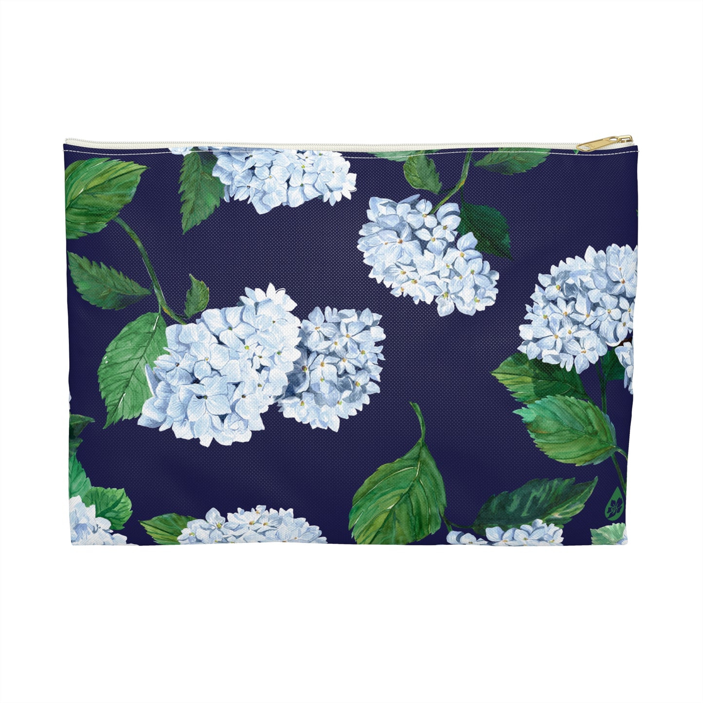 Front view of size Large Hydrangea Travel or makeup pouch in Twilight Navy