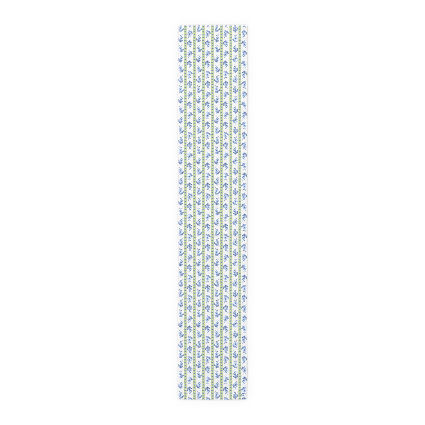 Watercolor Woodblock Striped Patterned Table Runner UnRolled in 16x90 in Cloudless and Honeydew