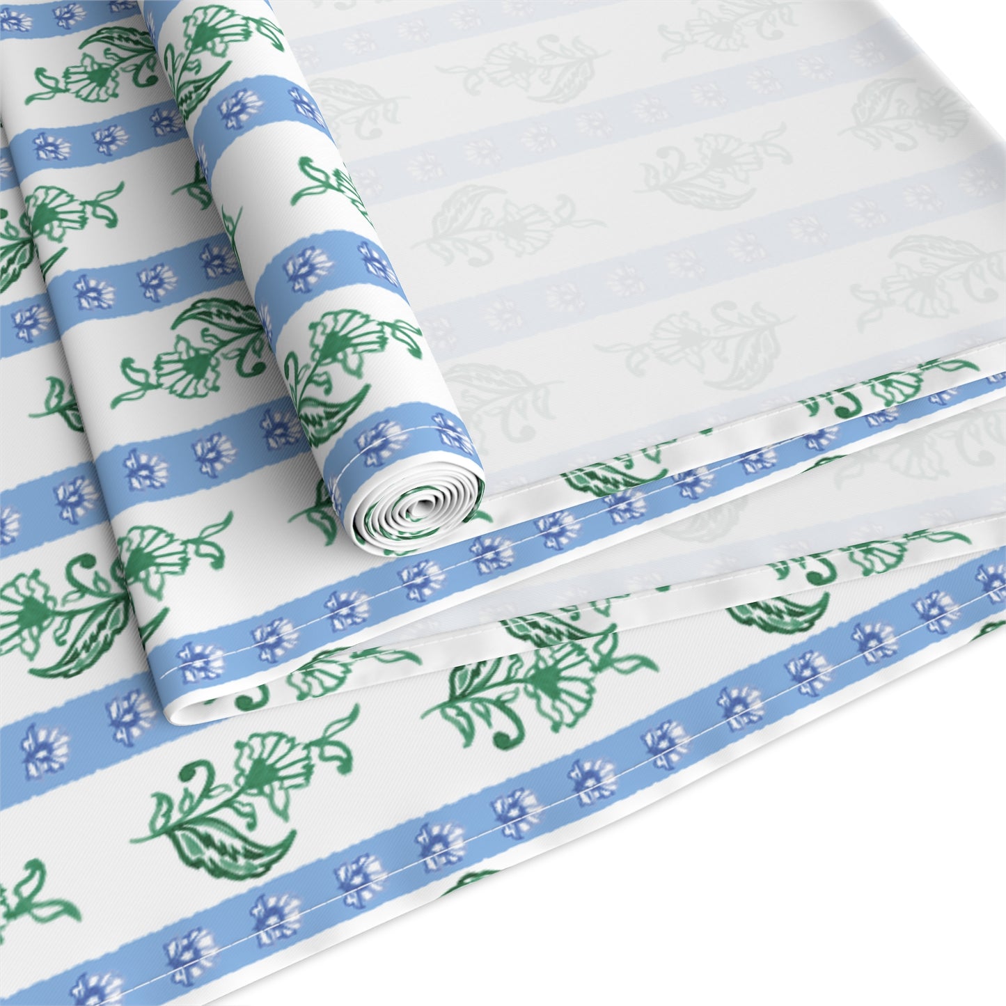 Watercolor Woodblock Striped Patterned Table Runner in Cloudless and Tennis Grass