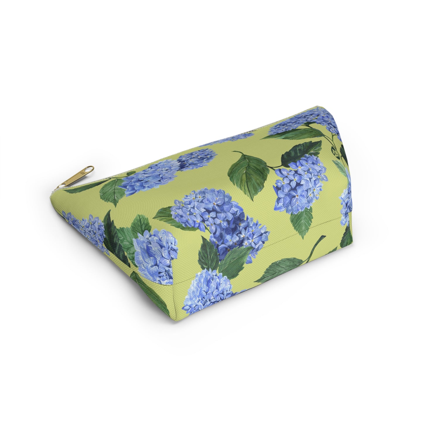 Bottom View of Hydrangea T-Bottom Travel Pouch in Honeydew with white zipper size small