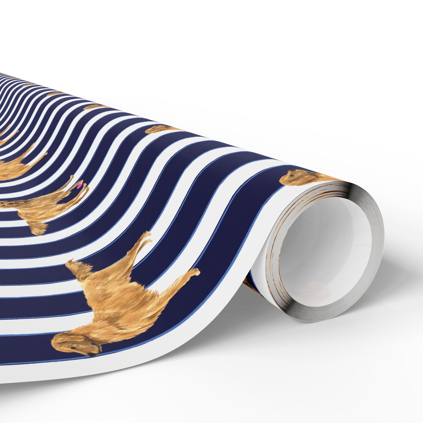Navy and Blue and White striped wrapping paper featuring a dog illustration