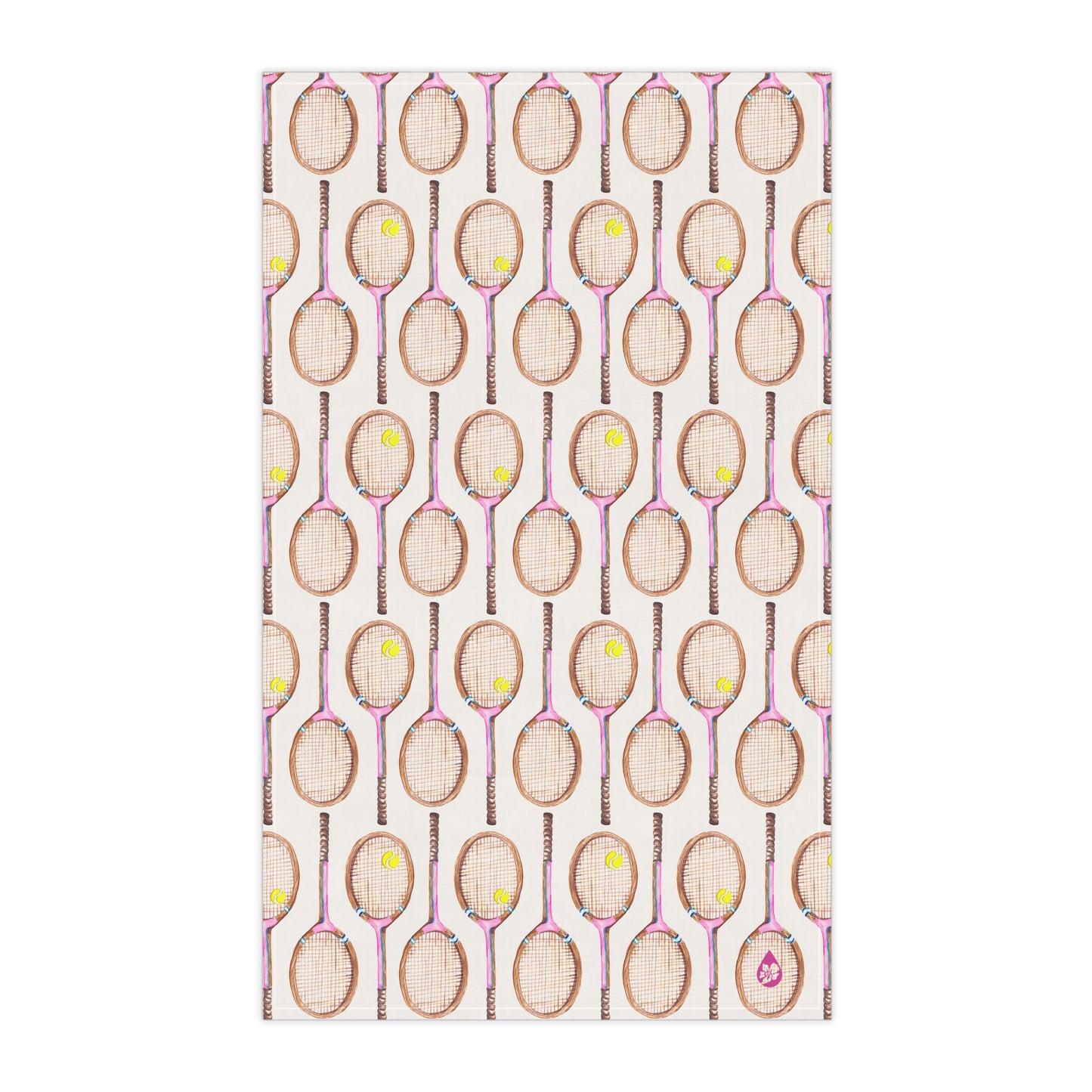 Front flat view of Topspin Tennis print kitchen towel in Pink