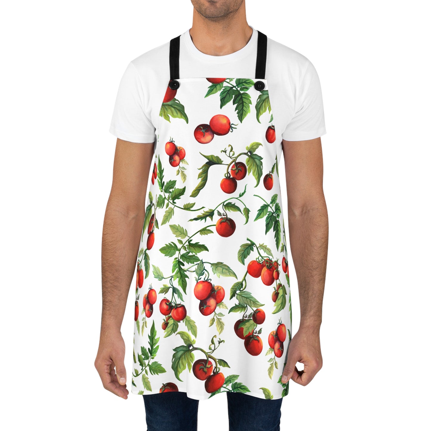 Man wearing Tomato Tomato Kitchen Apron Tied at neck and waist