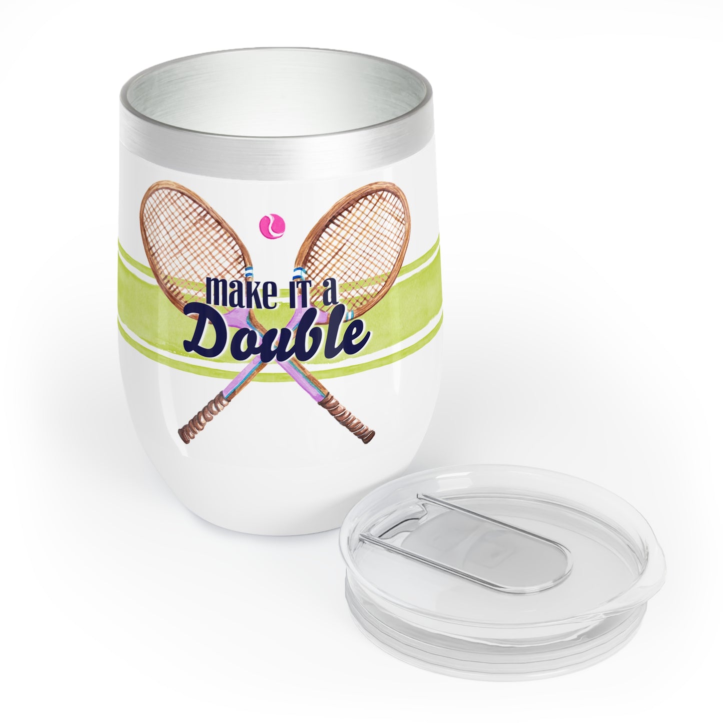 Stainless steel wine tumbler with honeydew chartreuse stripe and tennis racquets with quote make it a double next to clear lid