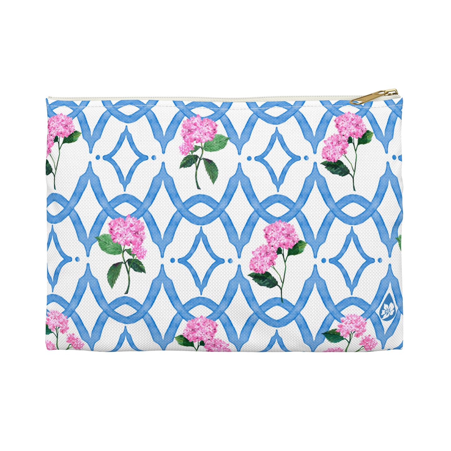 Front View of Size Small Botanical Trellis patterned pouch in Cloudless Sky Blue with Pink Hydrangeas