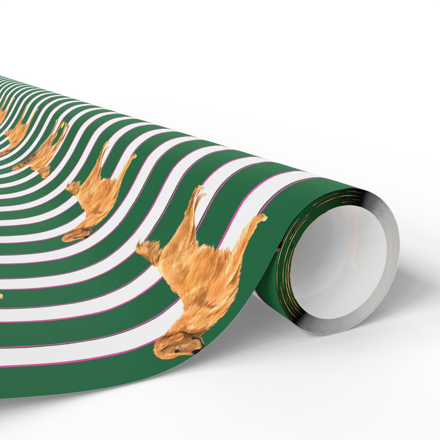 Green and Pink and White striped wrapping paper featuring a dog illustration