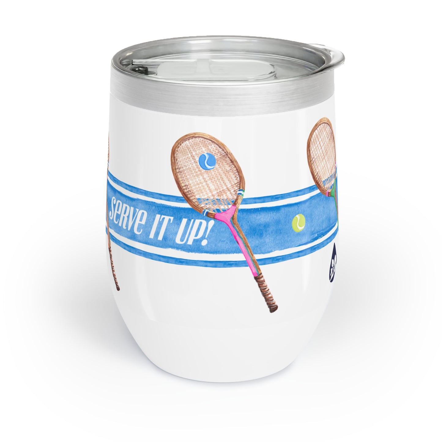 Stainless Steel wine tumbler Illustrated with bright blue stripe and tennis racquets with the phrase "Serve It Up"