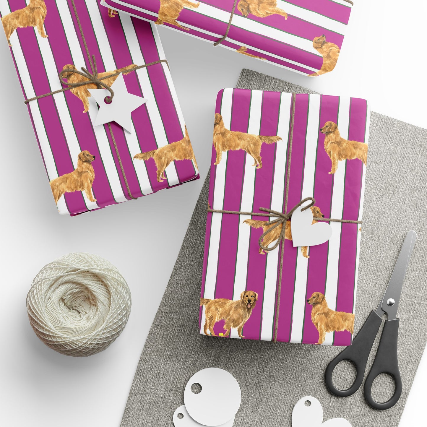 Pink and Green and White striped wrapping paper featuring a dog illustration