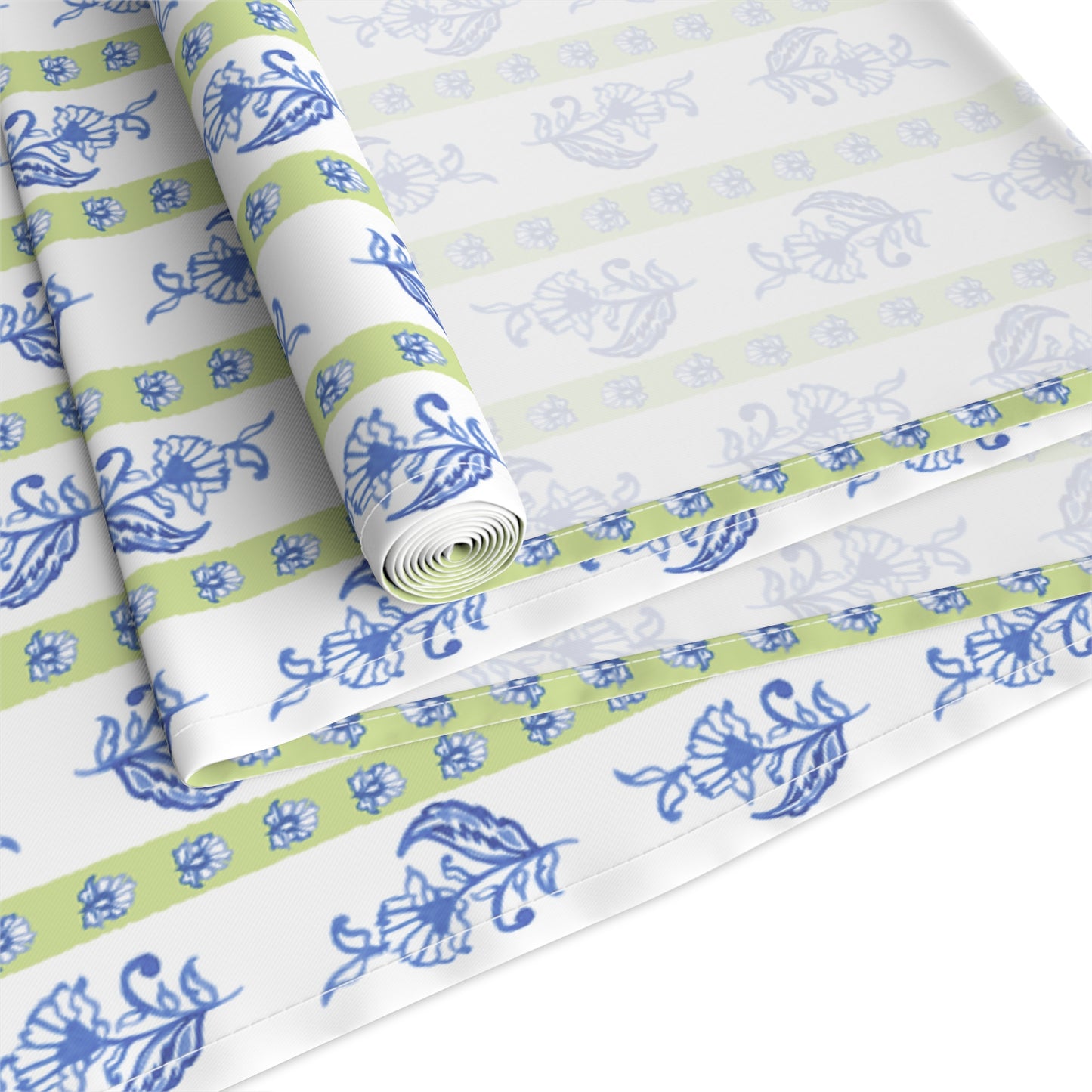 Watercolor Woodblock Striped Patterned Table Runner Rolled in Cloudless and Honeydew