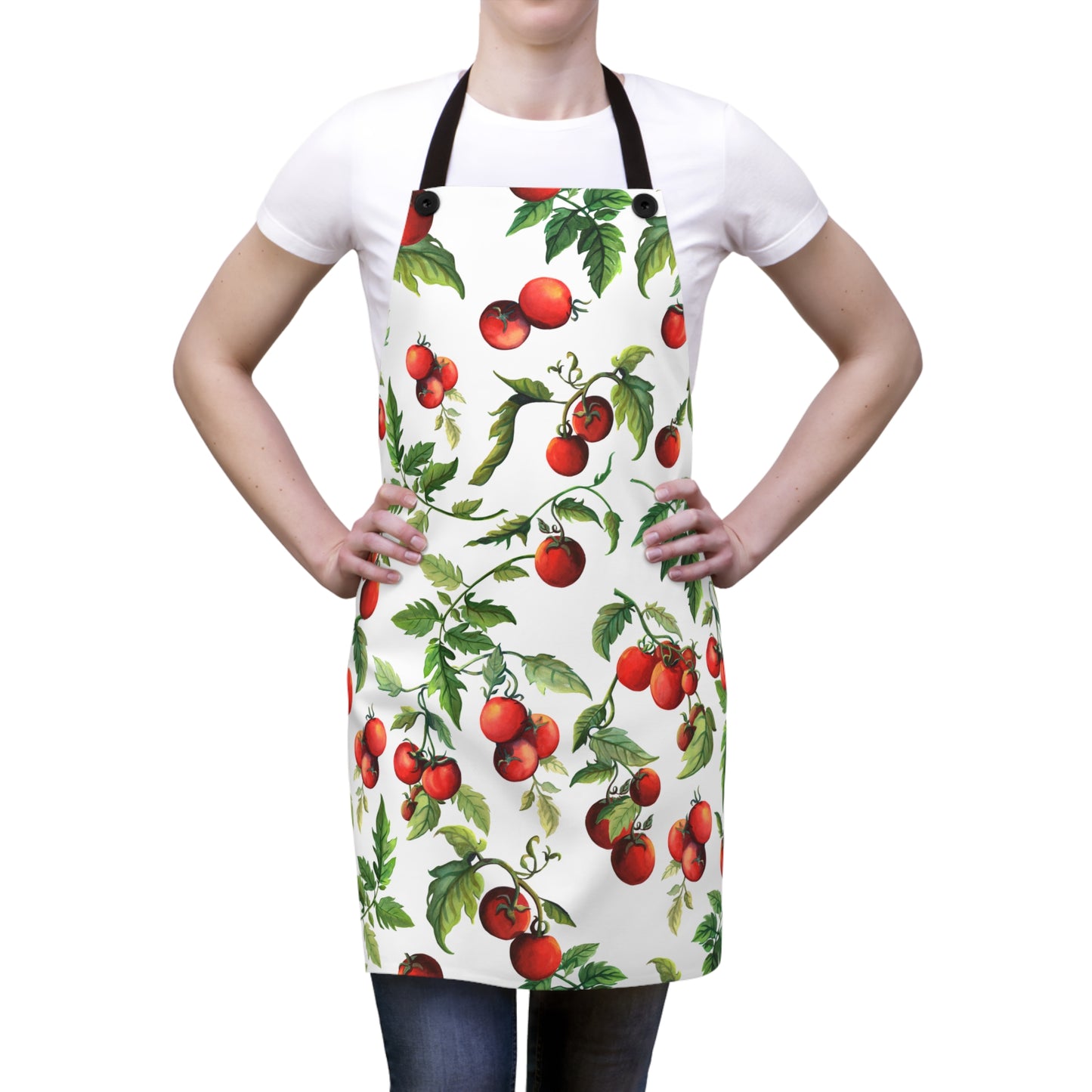 Woman wearing Tomato Tomato Kitchen apron tied at neck and waist