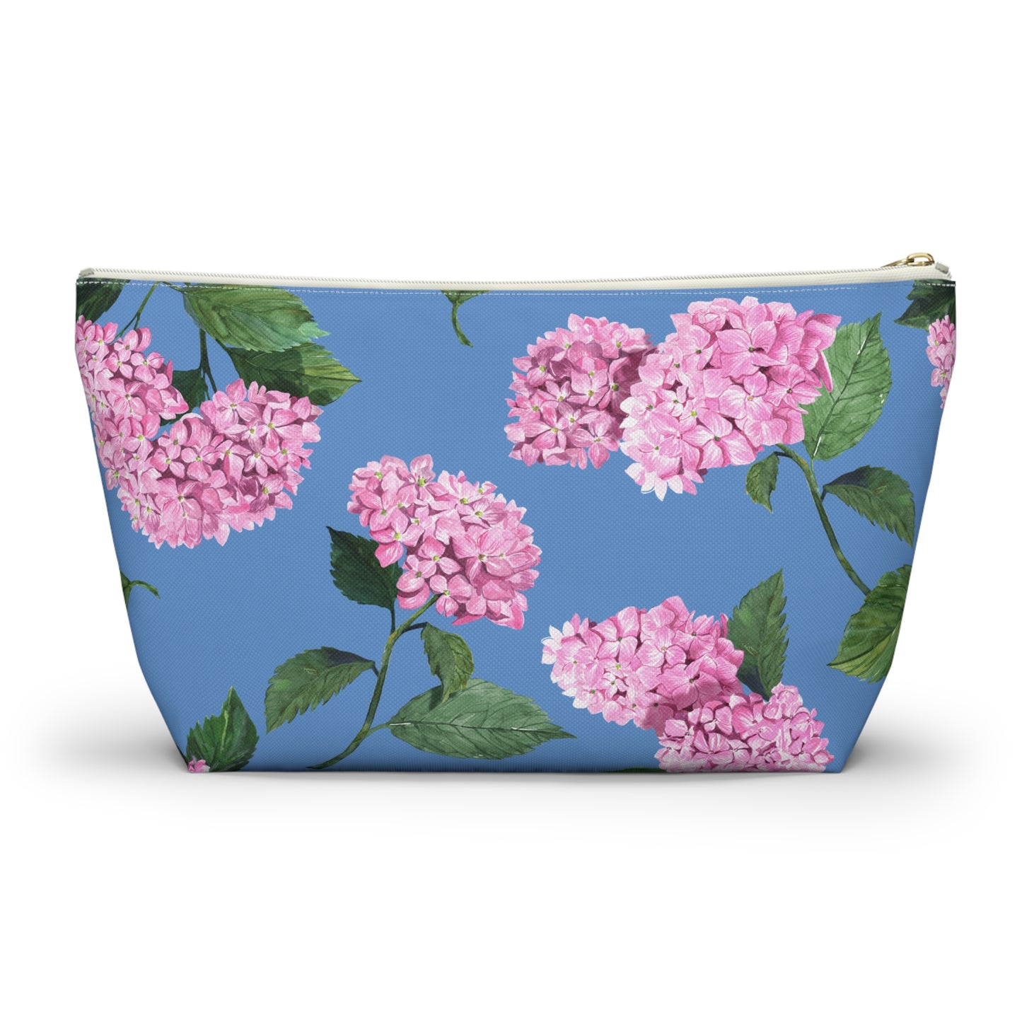 Hydrangea T-Bottom Travel Pouch in Cloudless Blue Sky with white zipper size large