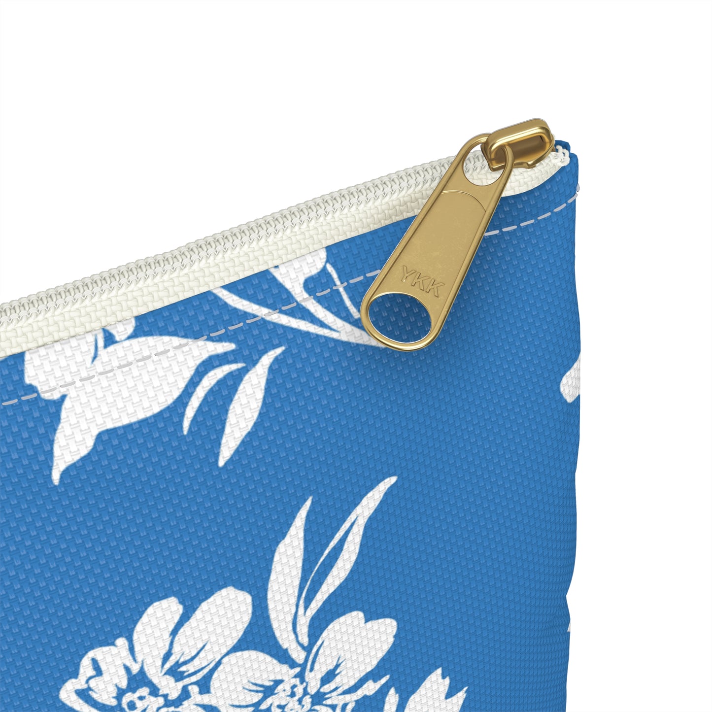 Zoomed View of Inky Floral Zip Pouch in Cloudless Sky Blue White Zipper