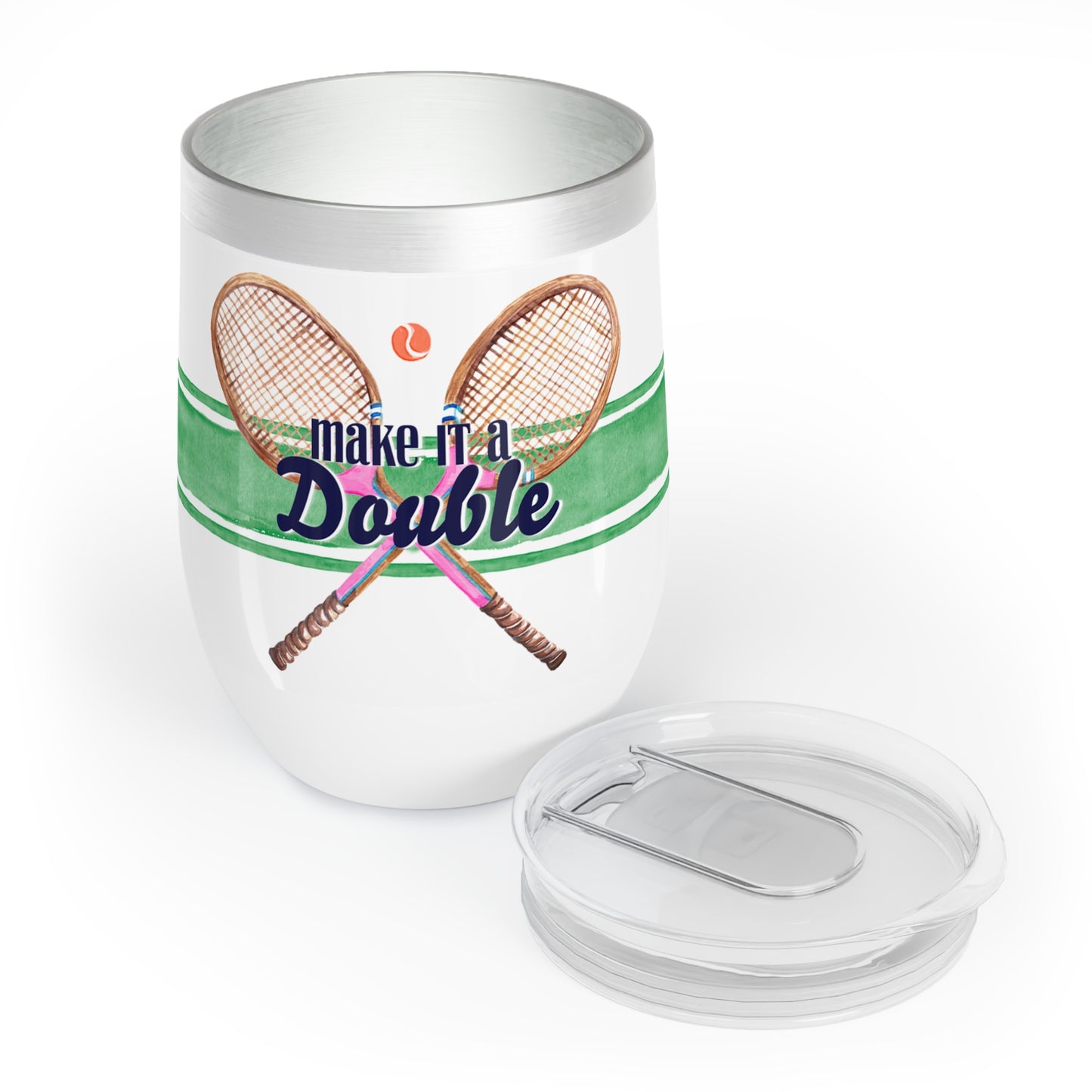 Stainless steel wine tumbler with green stripe and tennis racquets with quote make it a double next to clear lid