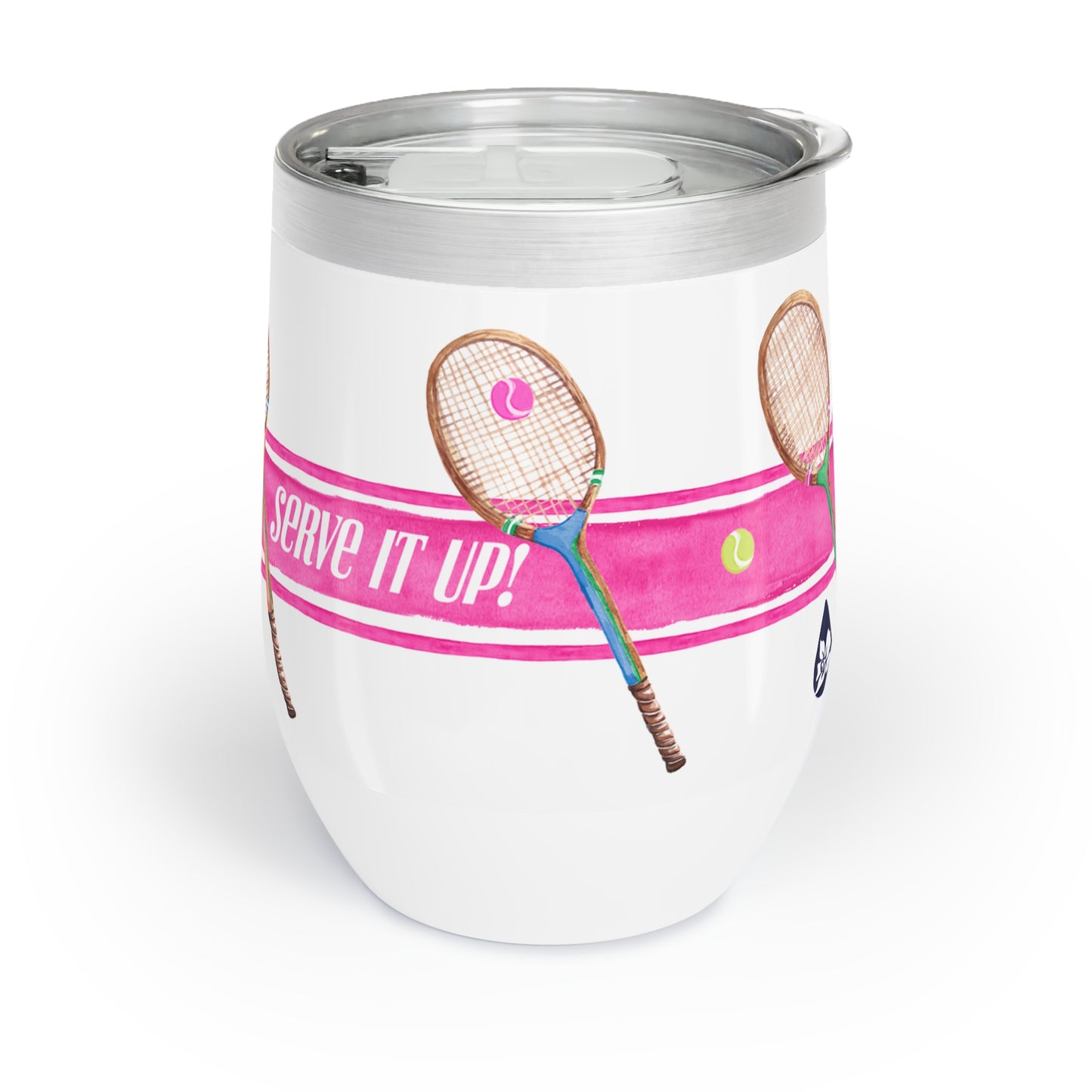 Stainless Steel wine tumbler Illustrated with pink stripe and tennis racquets with the phrase "Serve It Up"