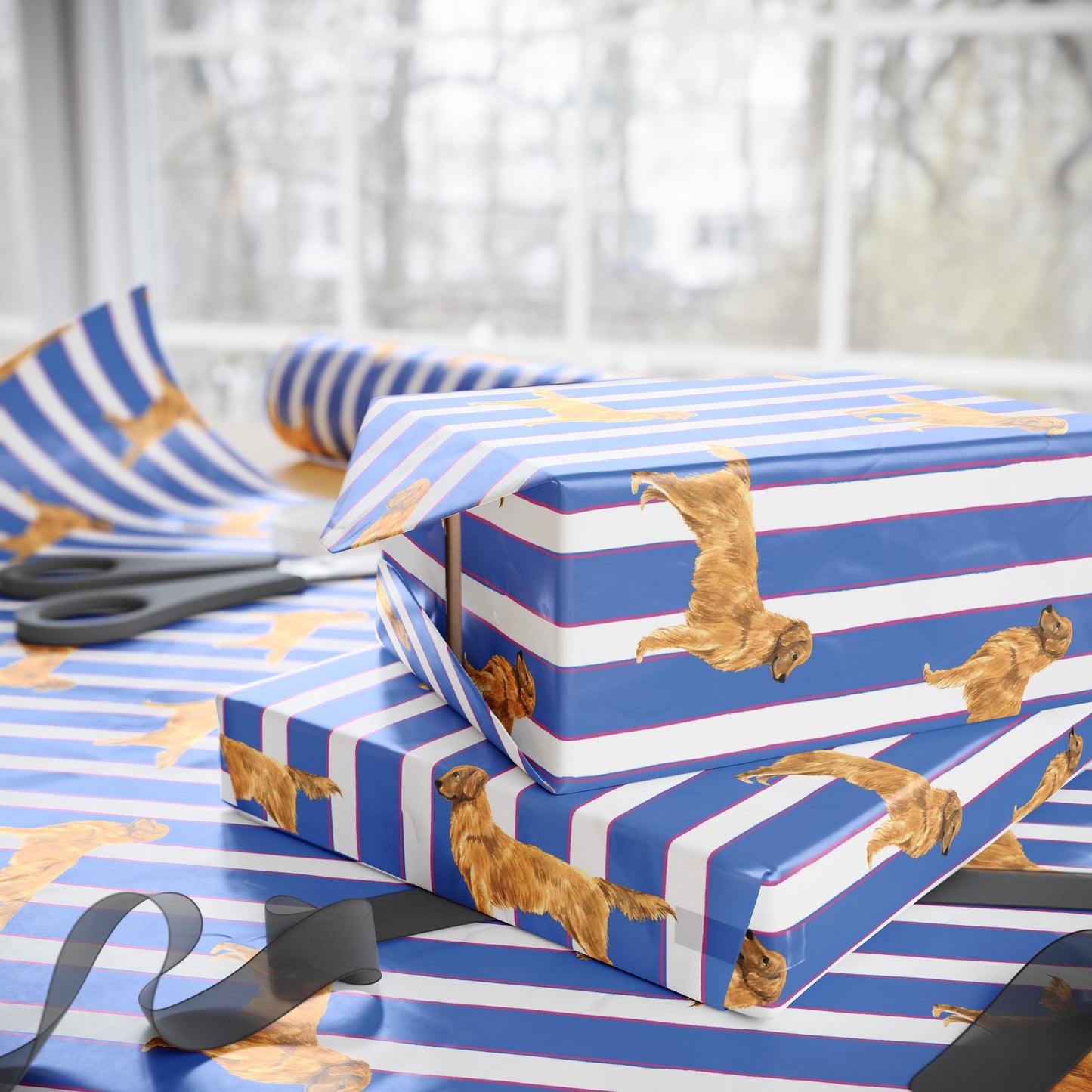 Blue and pink striped wrapping paper featuring a dog illustration