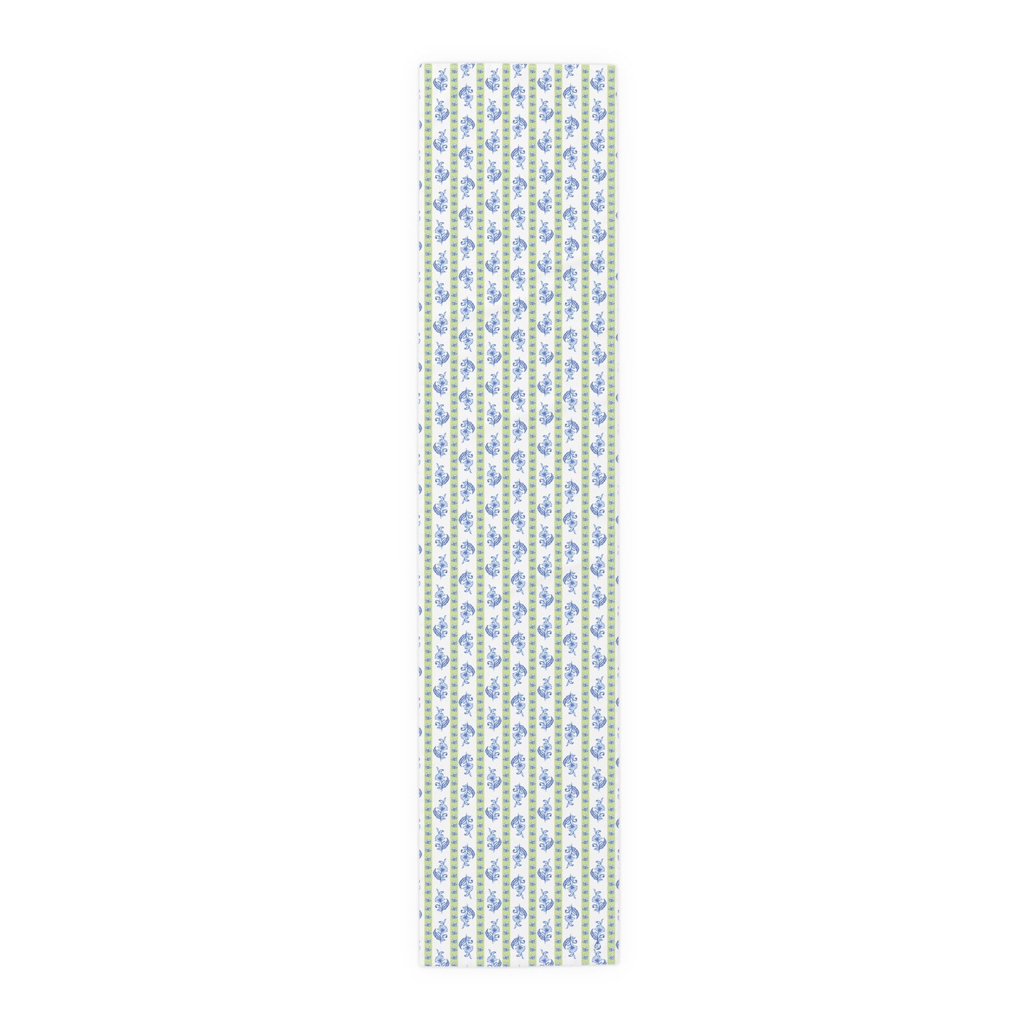 Watercolor Woodblock Striped Patterned Table Runner UnRolled in 16x72 in Cloudless and Honeydew