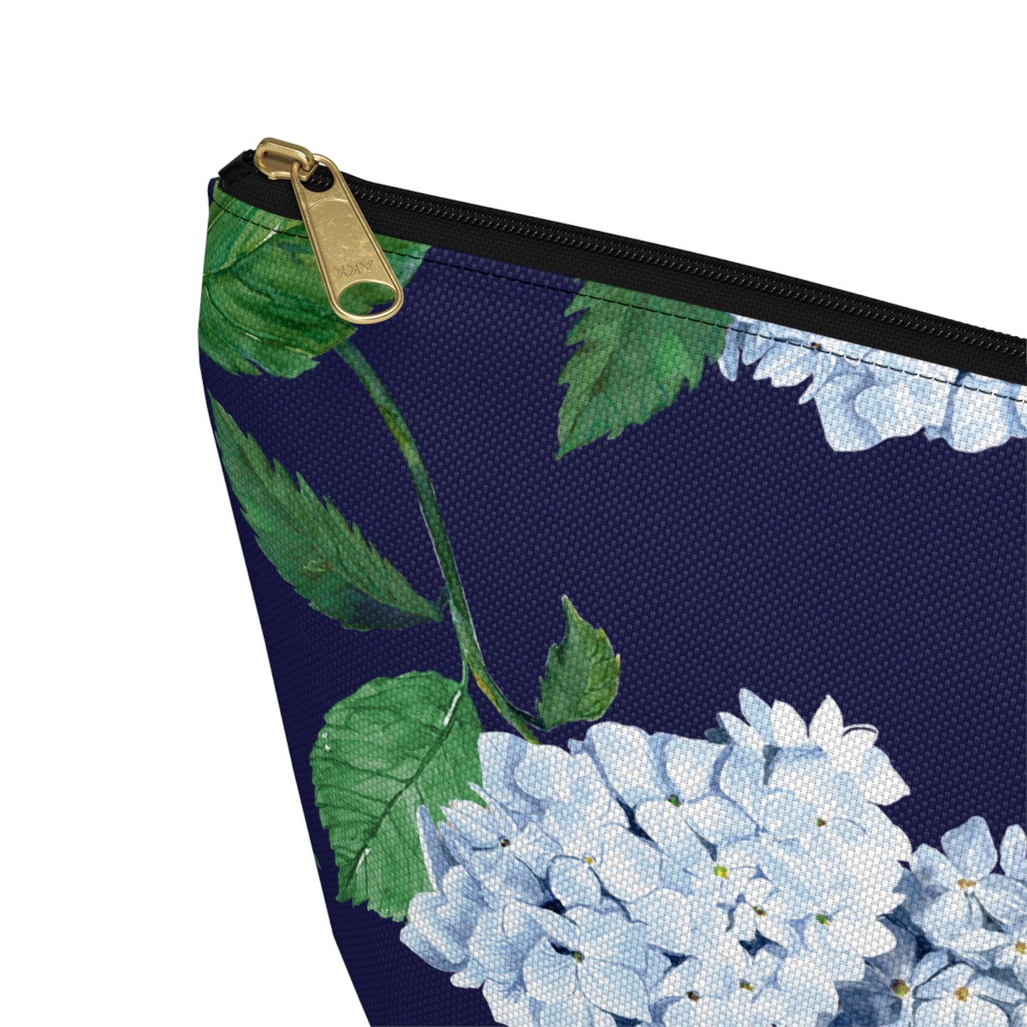 Zoomed view of Hydrangea T-Bottom Travel Pouch in Twilight Navy with black zipper size small