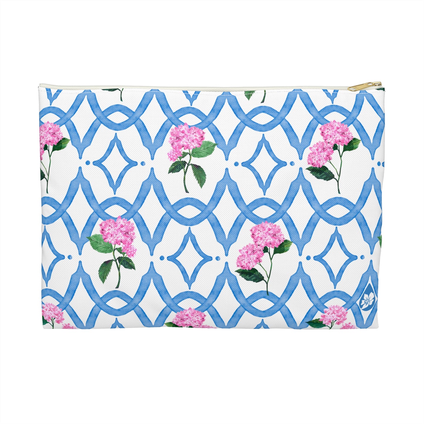 Front View of Size Large Botanical Trellis patterned pouch in Cloudless Sky Blue with Pink Hydrangeas