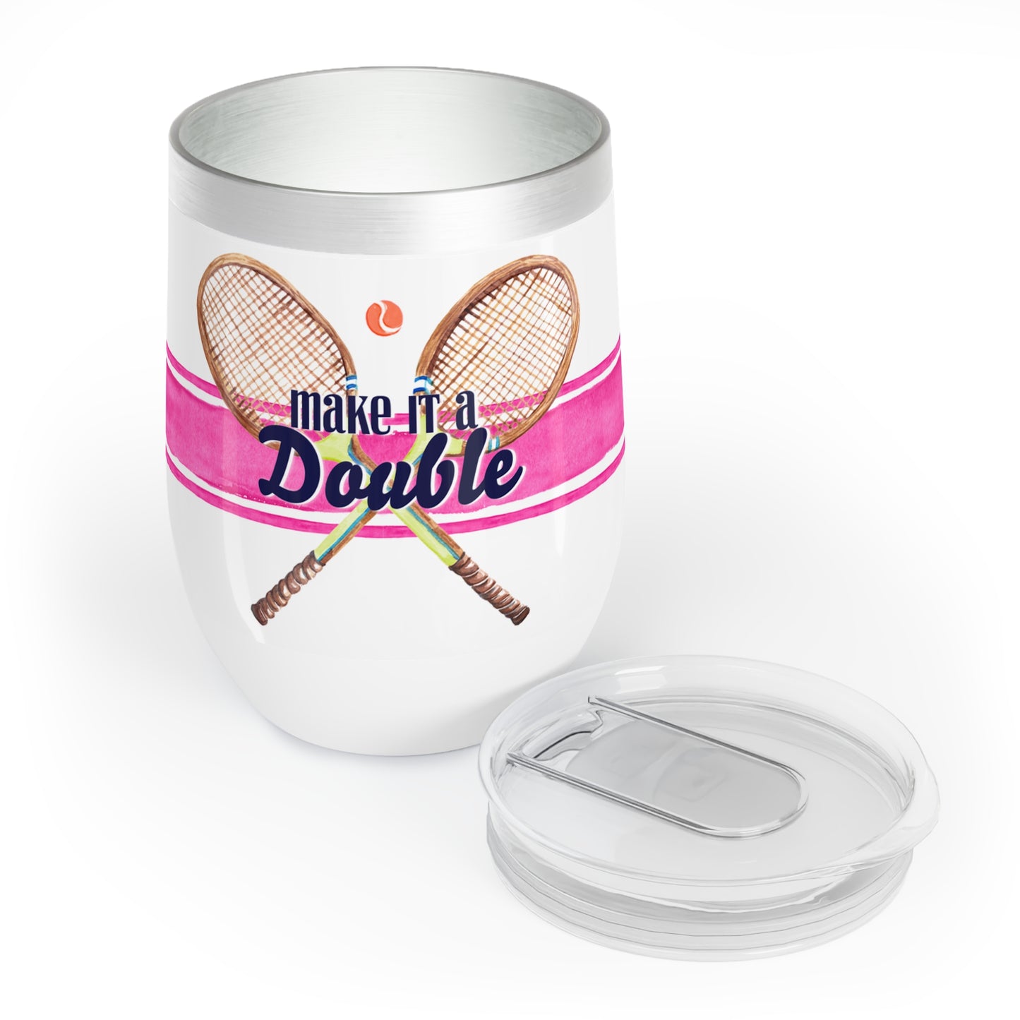 Stainless steel wine tumbler with pink stripe and tennis racquets with quote make it a double next to clear lid