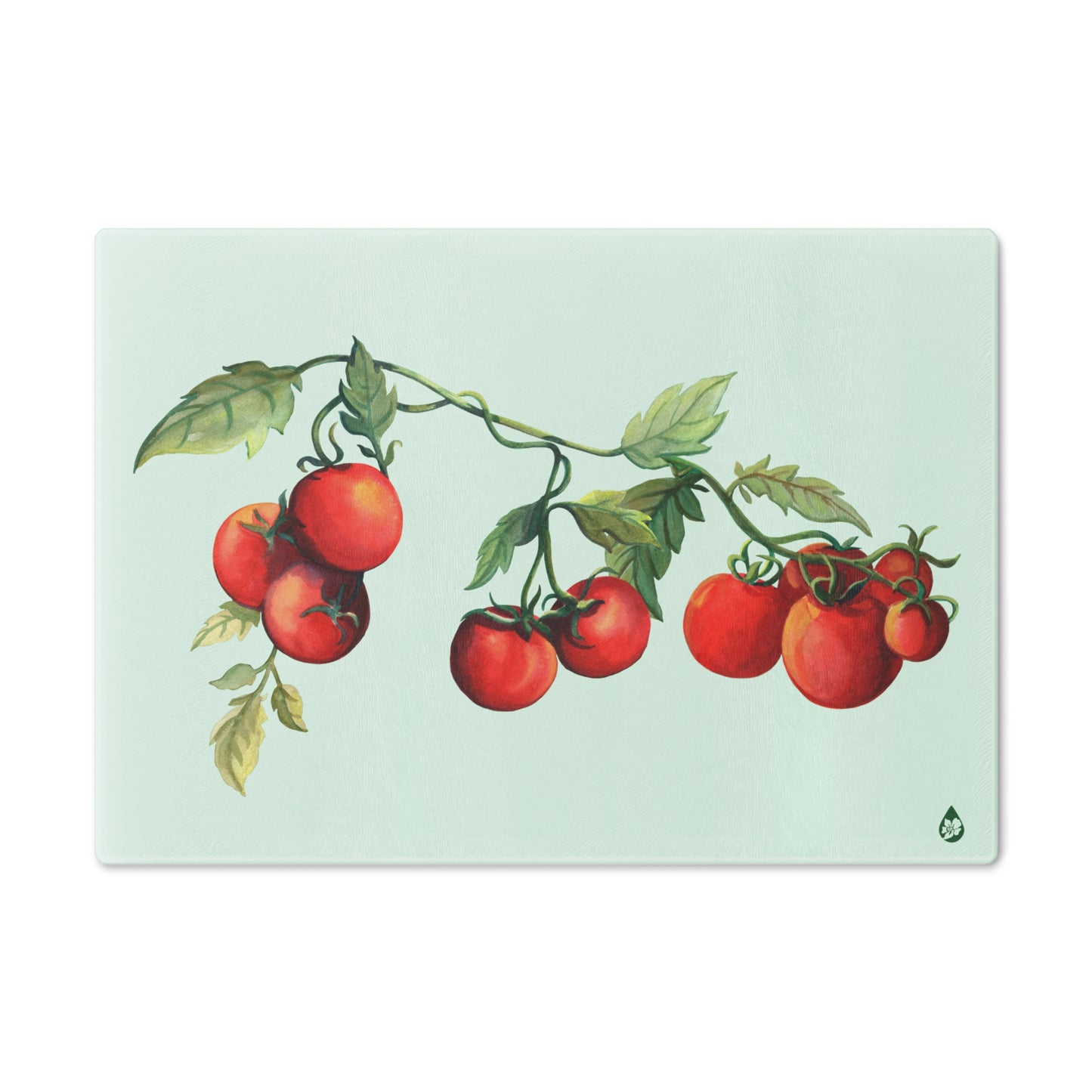 Flat view of small Jersey Fresh Tomato tempered glass cutting board