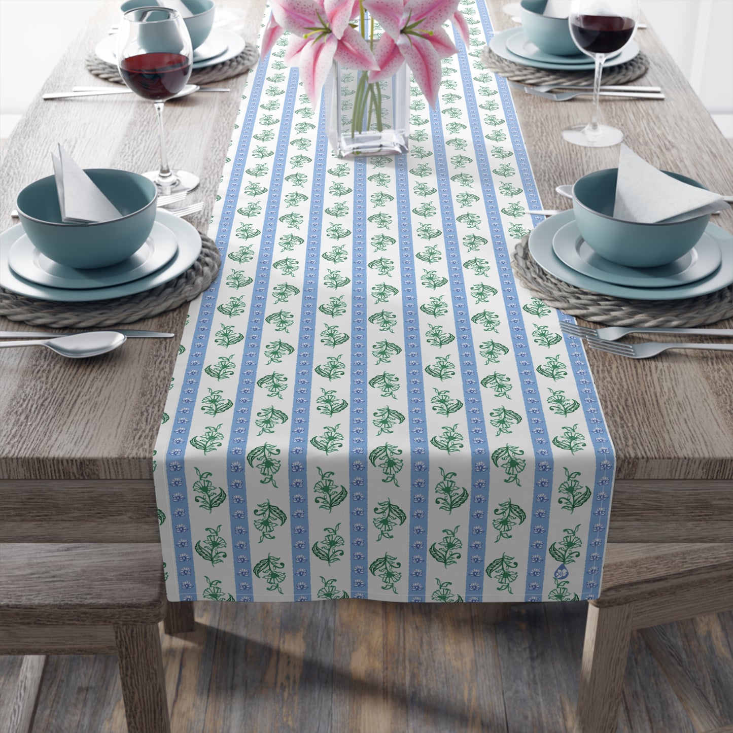 Watercolor Woodblock Striped Patterned Table Runner 16x72 in Cloudless and Tennis Grass Green