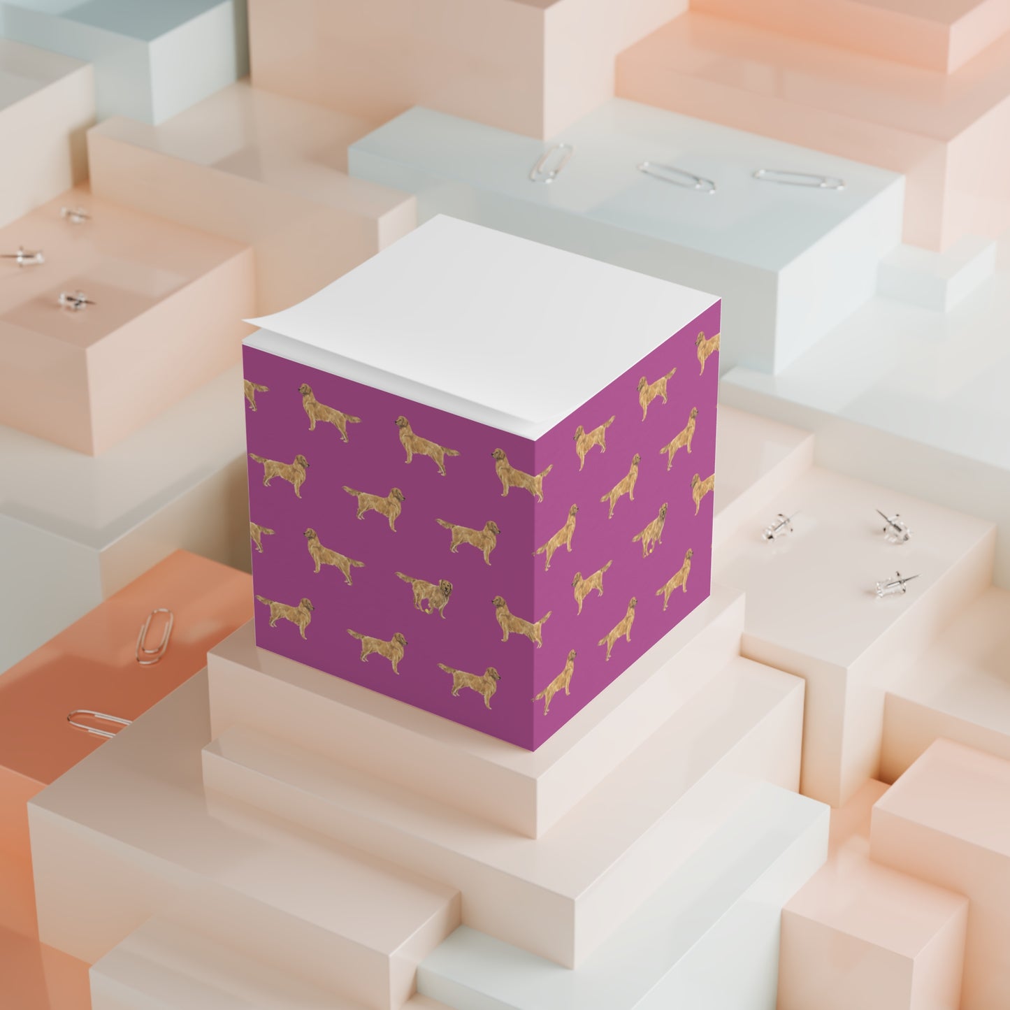 Good Dog Sticky Note Cube on stacks of notes in Peony Pink