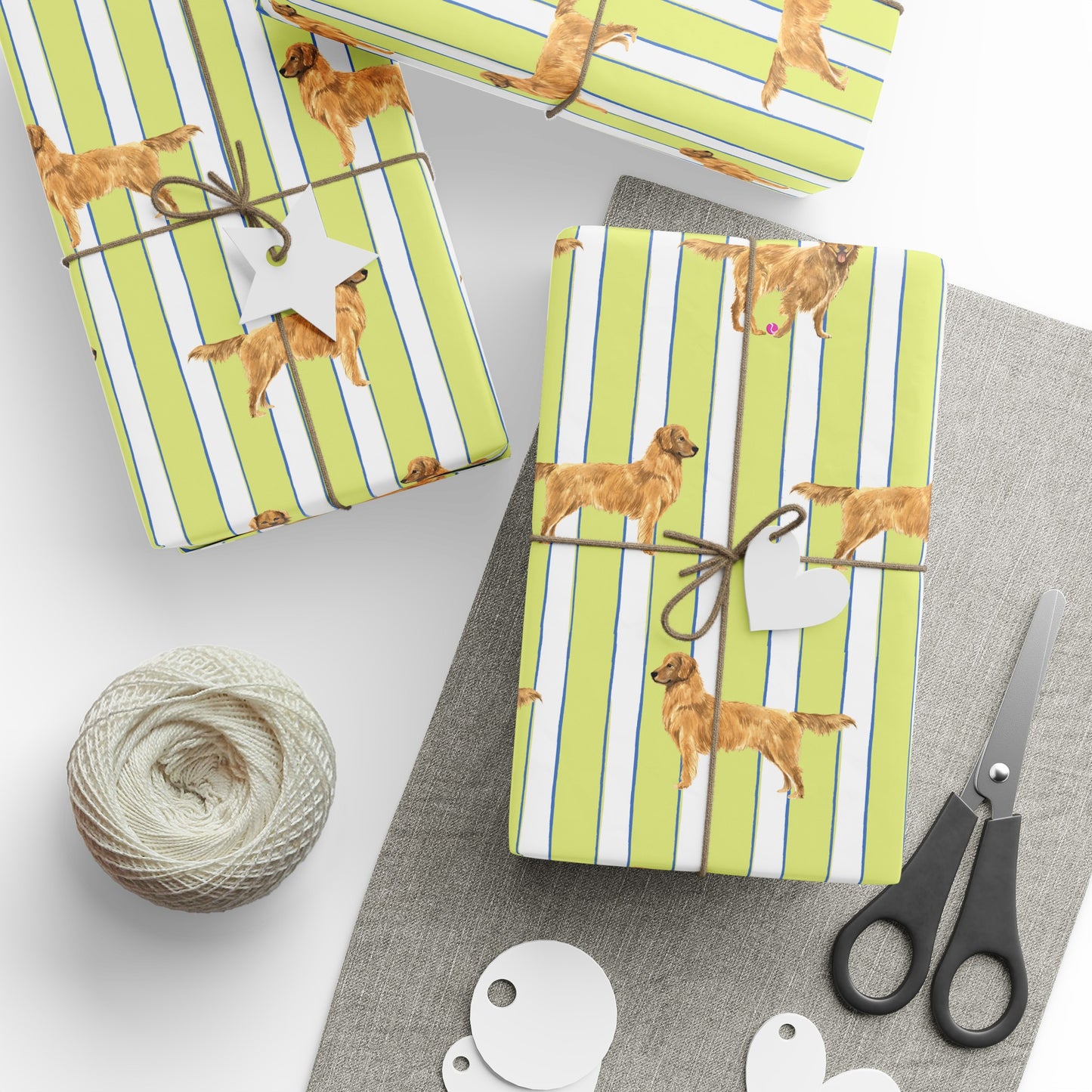 Lemon Lime and Blue and White striped wrapping paper featuring a dog illustration-wrapped boxes with twine ties