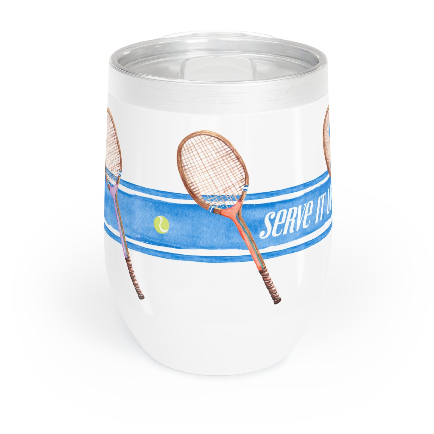 Stainless Steel wine tumbler Illustrated with bright blue stripe and tennis racquets with the phrase "Serve It Up"