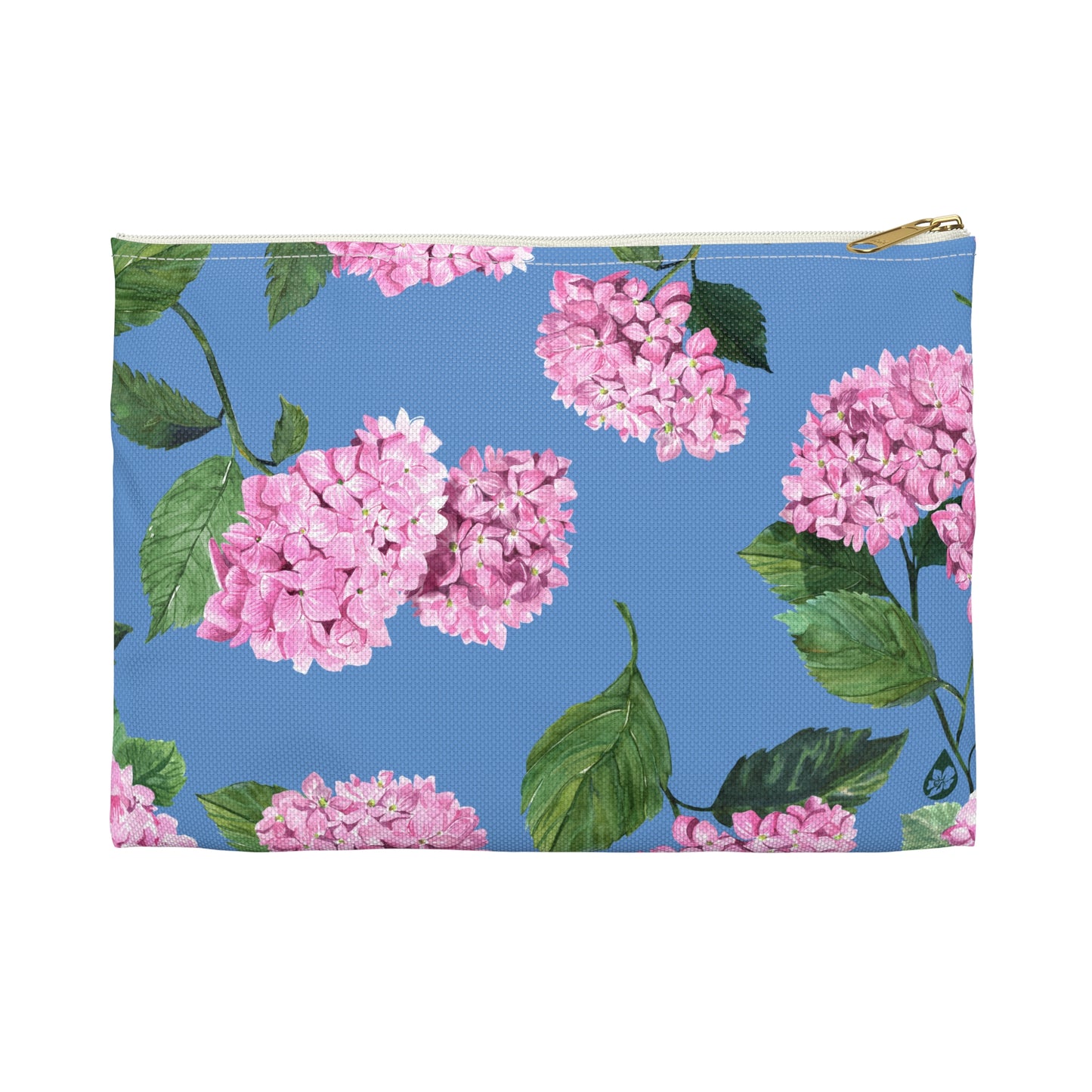 Front view of size small Hydrangea Travel or makeup pouch in Cloudless Sky Blue