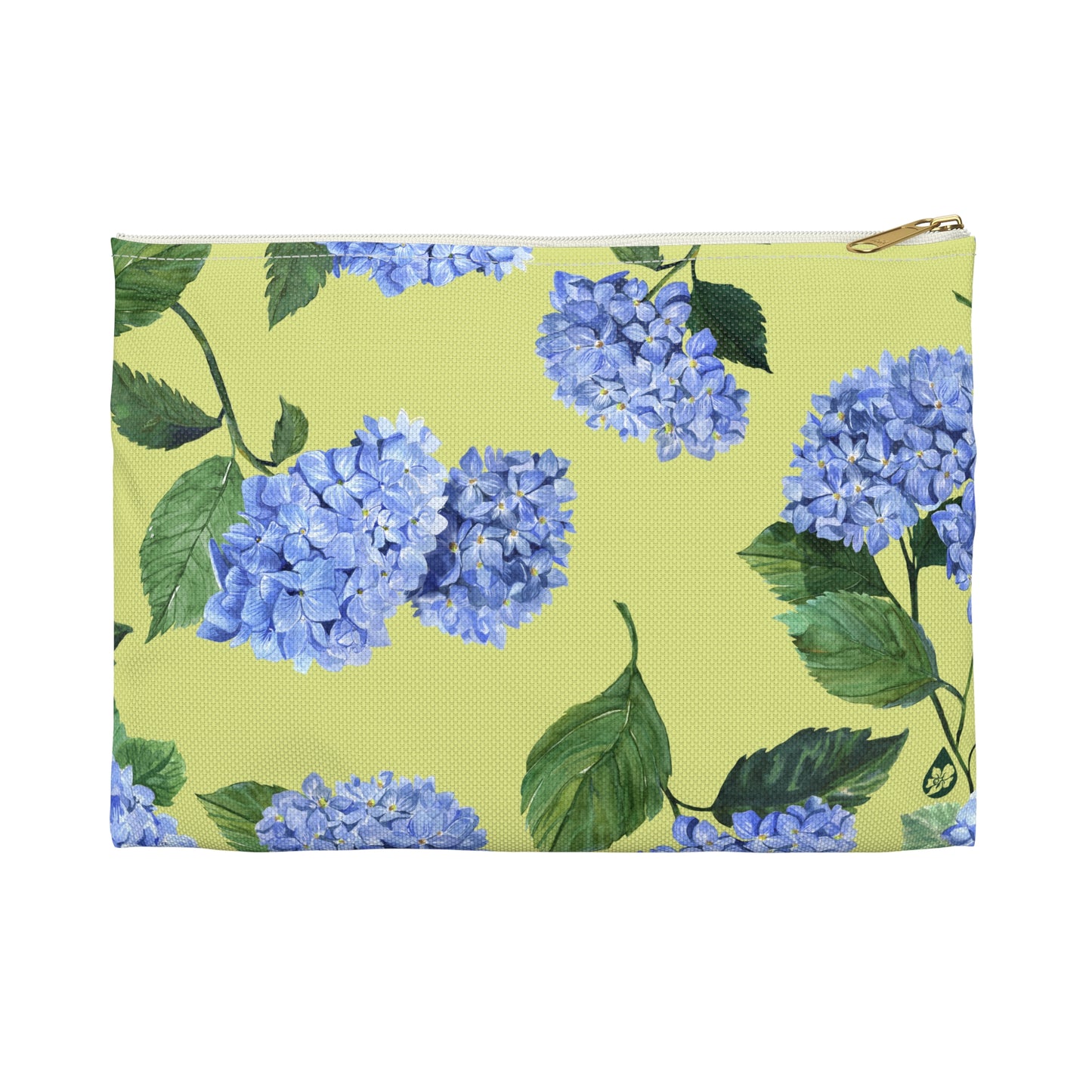 Front view of size small Hydrangea Travel or makeup pouch in Honeydew