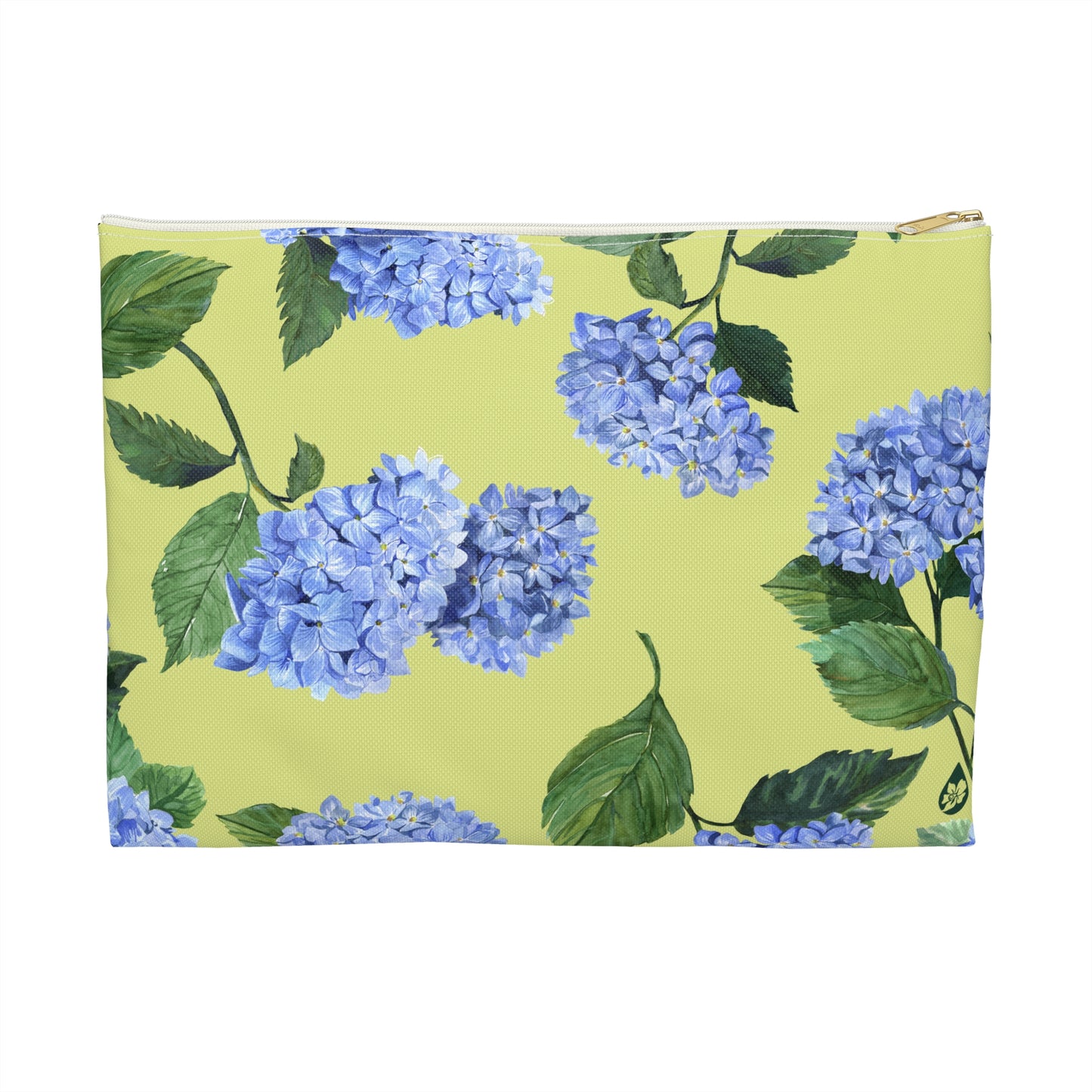Front view of size large Hydrangea Travel or makeup pouch in Honeydew