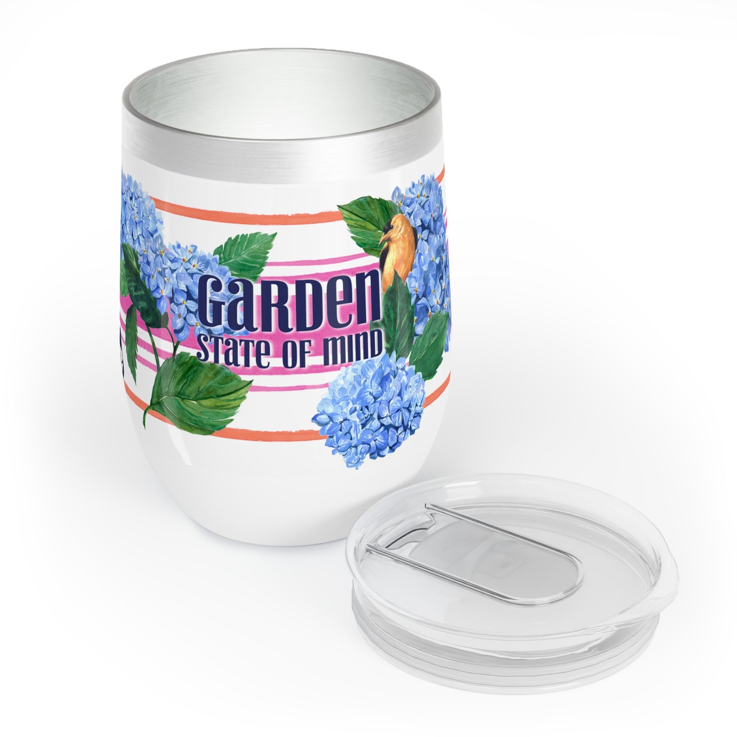 Garden State illustrated wine tumbler with hydrangeas and bird and pink and orange stripe next to plastic lid with closure