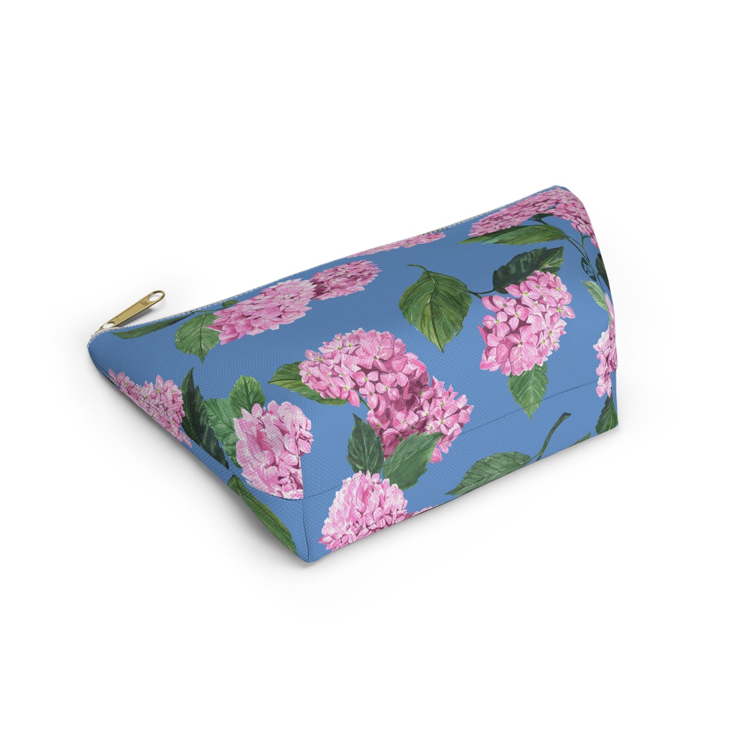 Bottom view of Hydrangea T-Bottom Travel Pouch in Cloudless Blue Sky with white zipper size small