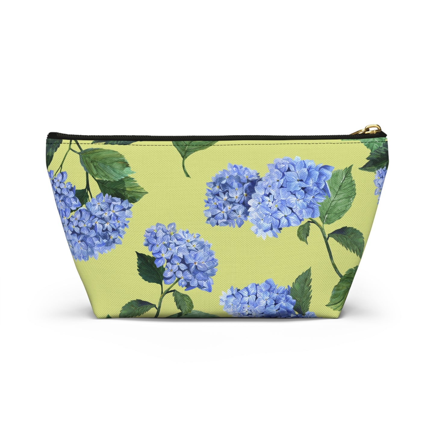 Front view of Hydrangea T-Bottom Travel Pouch in Honeydew with black zipper size small