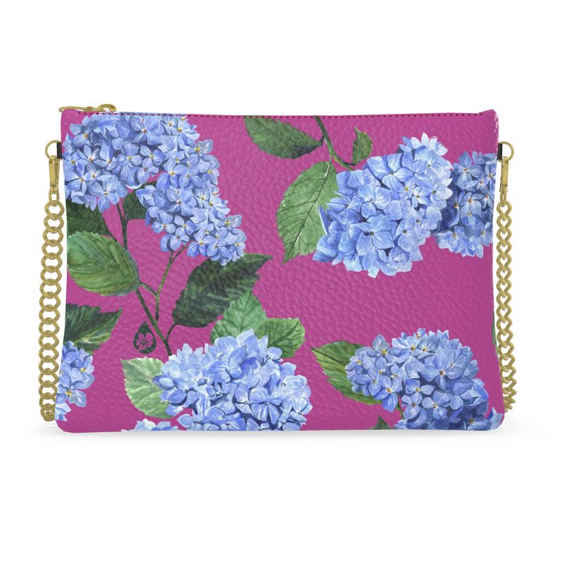 Pigment and Petal Pink Leather Gold Chain Strap Purse with Pink Hydrangea Print